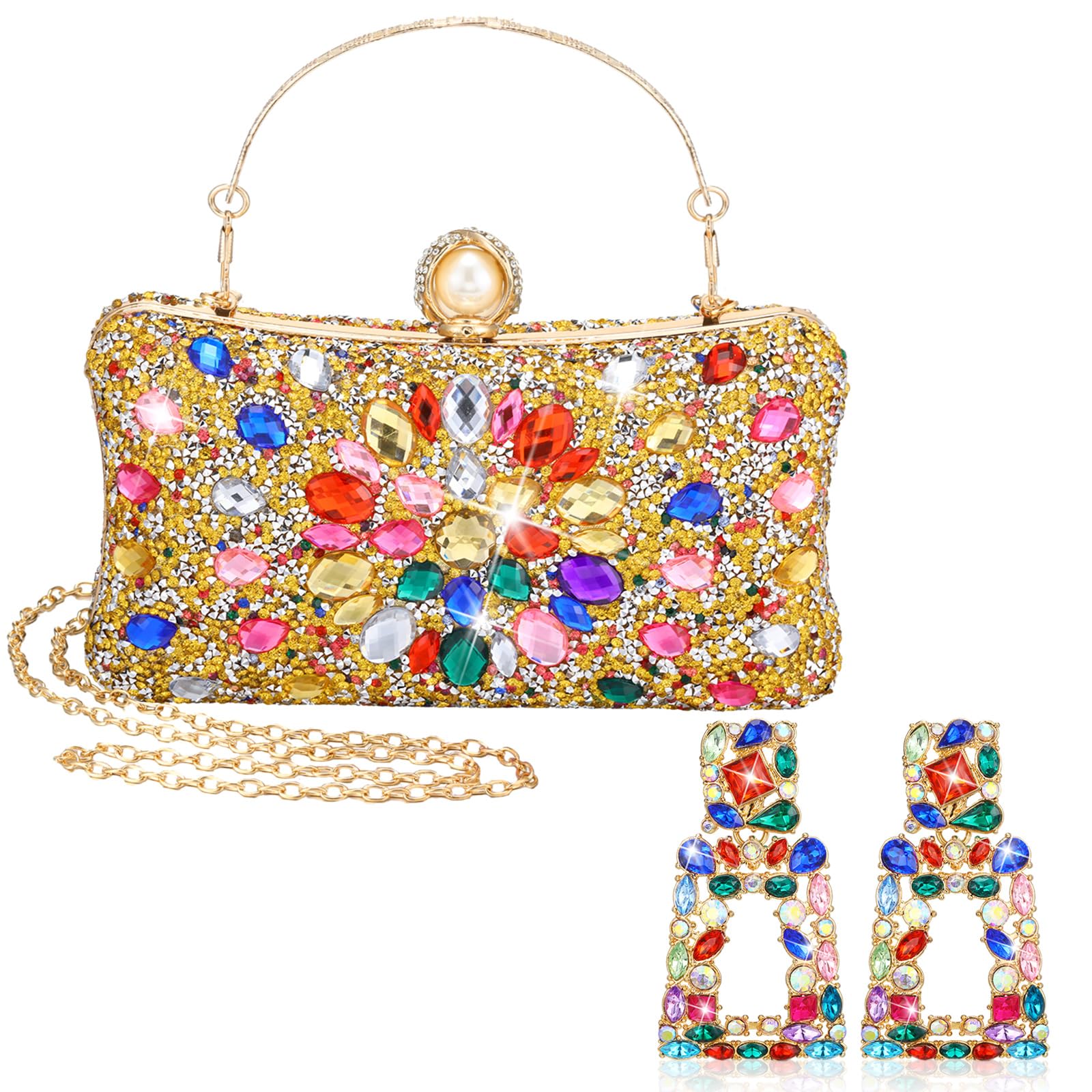 Silkfly Rhinestone Clutch Purse for Women | Crystal Evening Bag for Wedding & Party | Geometric Drop Dangle Earrings Set | Shoulder Diamond Prom Handbag | Perfect for Formal Events, Date Night & Special Occasions