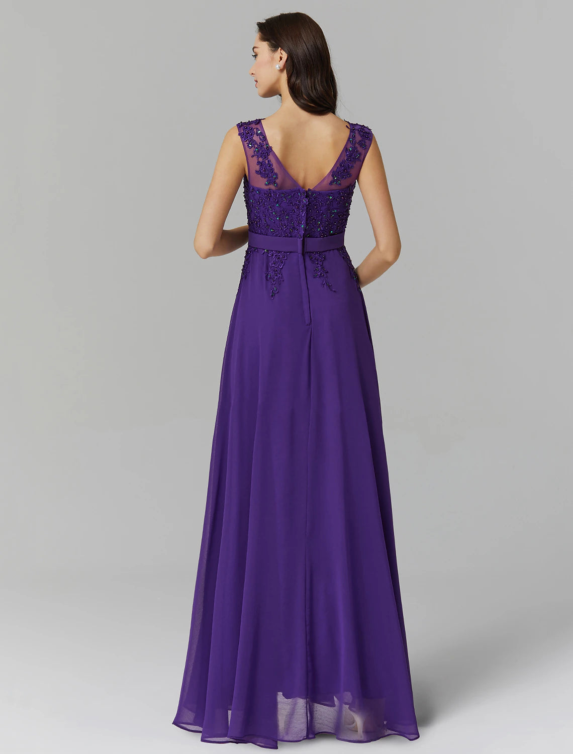 Elegant A-Line Chinese Style Wedding Guest Dress - Floor Length Sleeveless Chiffon Gown with Illusion Neckline, V-Back & Beading Appliques | Perfect for Bridal Showers, Formal Events & Special Occasions