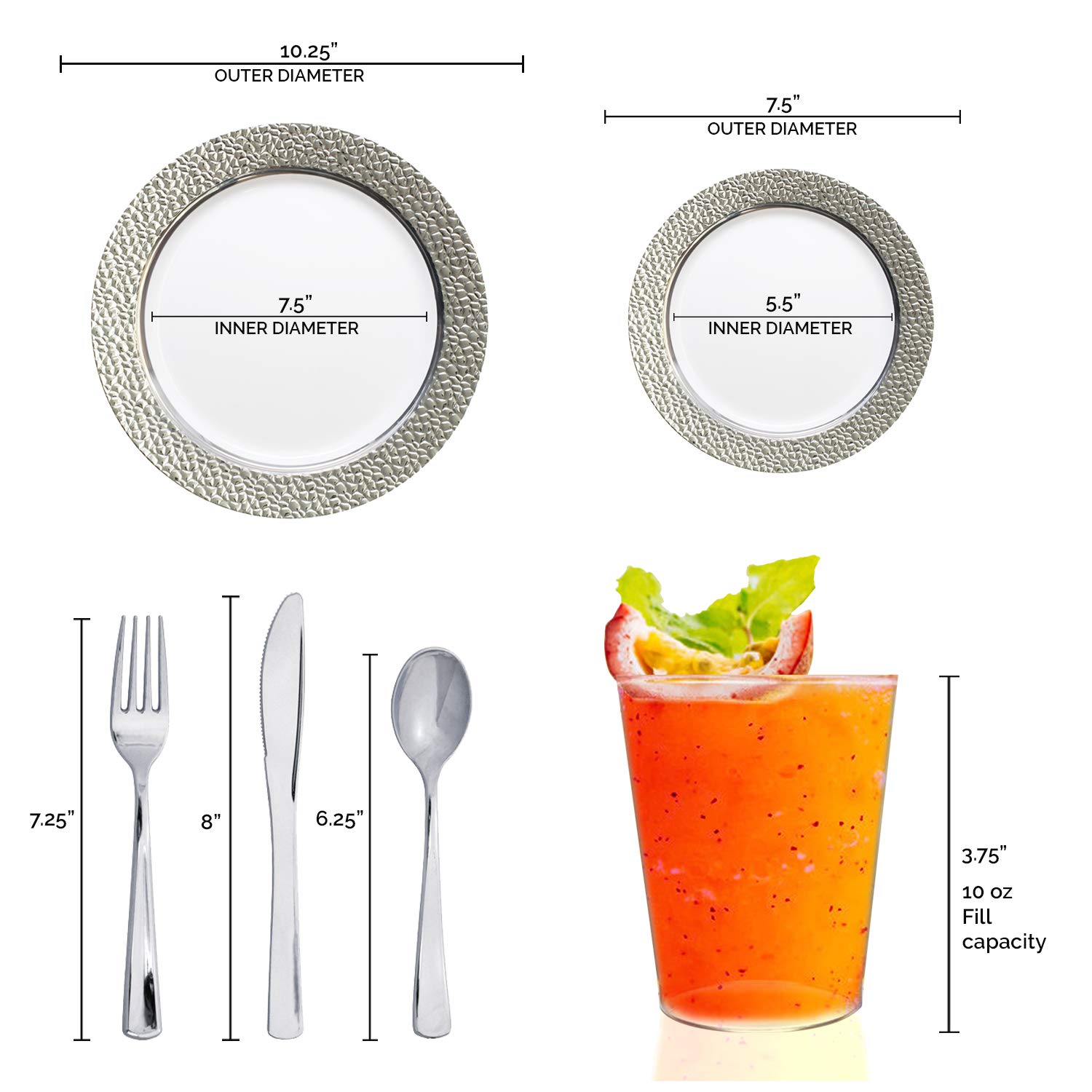 Premium Disposable Plastic Dinnerware Set for 120 Guests - Elegant White with Silver Hammered Rim Plates, Salad/Dessert Plates, Cutlery & Cups | Perfect for Weddings, Birthday Parties, Catering & Special Events | Durable & Stylish Party Tableware