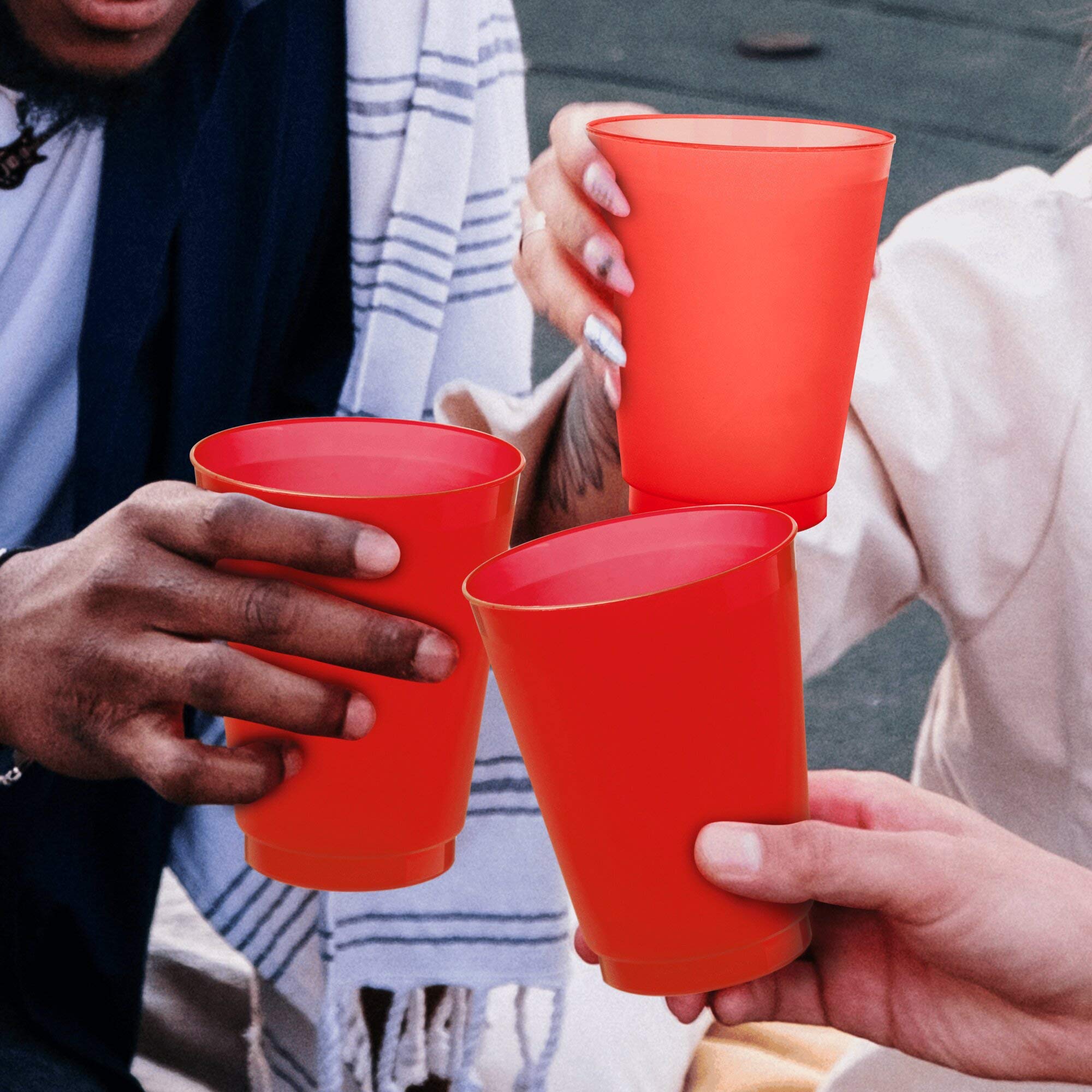 Custom Frosted Plastic Stadium Cups 50 Pack - Personalized with Logo & Promotional Text - 16 oz Shatterproof Reusable Party Cups for Sports Events, Tailgating & Outdoor Gatherings - Red