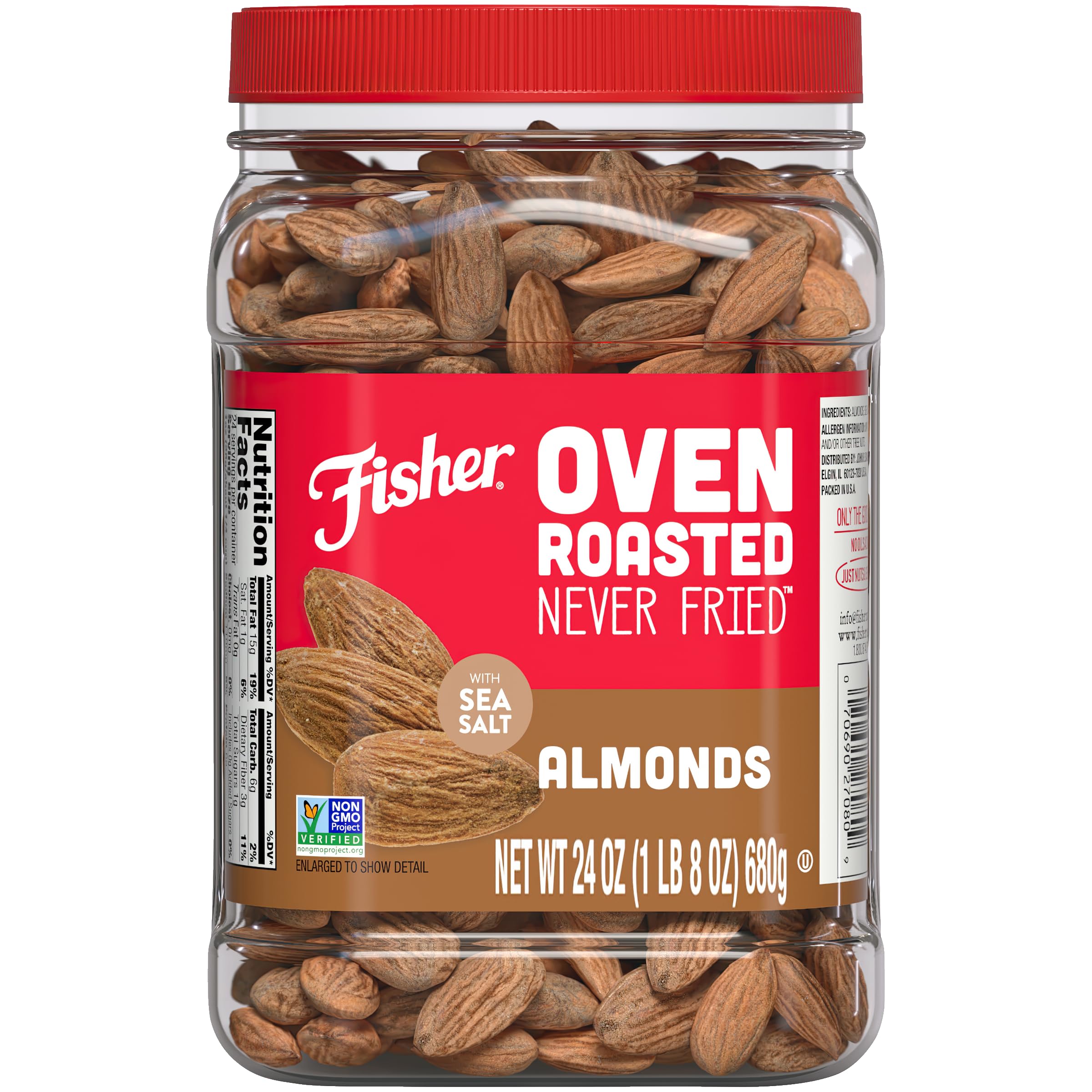 Fisher Oven Roasted Almonds, 24oz (Pack of 1) - Heart Healthy Snack with Sea Salt, No Oil, Gluten Free, Vegan Protein - Perfect for Office Snacks, Travel & Healthy Lifestyle
