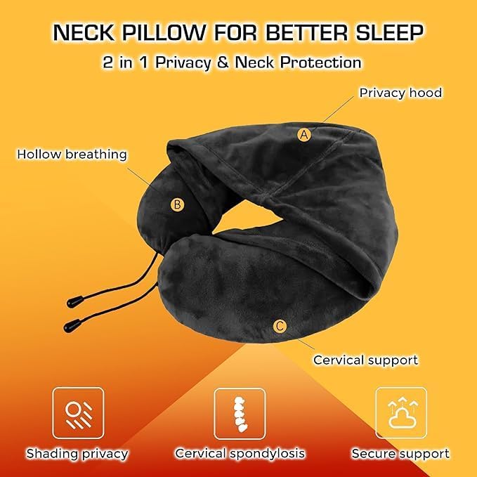 LOTA Travel Neck Pillow with Hood & Air Cushion - Comfortable Airplane Pillow for Neck Support & Pain Relief - Perfect for Long Flights, Train Rides, Road Trips and Office Naps