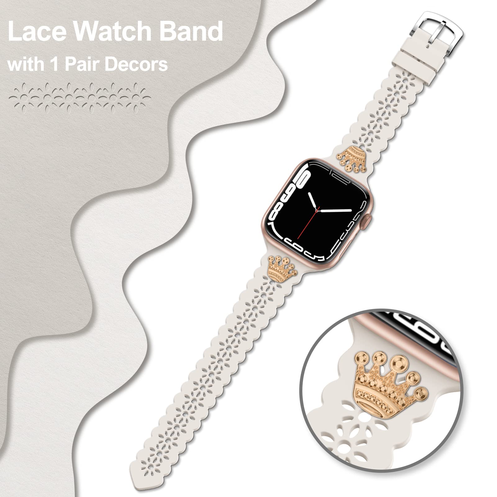 Elegant Lace Silicone Apple Watch Band with Charms - Compatible with 38mm/40mm/41mm/42mm/44mm/45mm - Fashionable Slim Sport Band for Women - Perfect for iWatch Series 7/6/SE/5/4/3/2/1 - Ideal for Workouts, Office Wear & Everyday Fashion Accessory