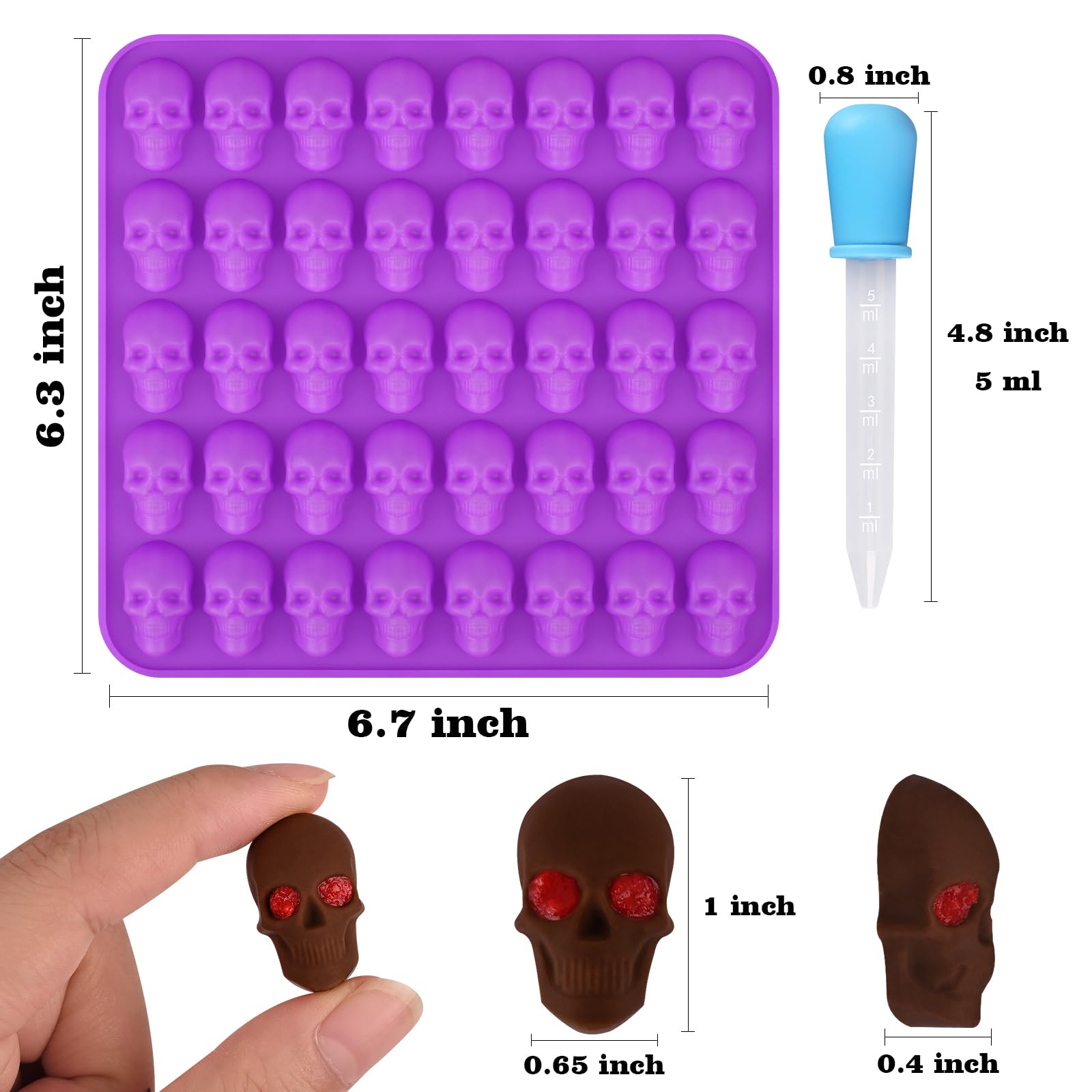 HUAKENER 2 Pack Silicone Skull Molds with Droppers - Food Grade Candy, Chocolate, Jelly, Ice Cube & Resin Casting Molds - Perfect for Halloween Treats, DIY Crafts & Dog Treats Making