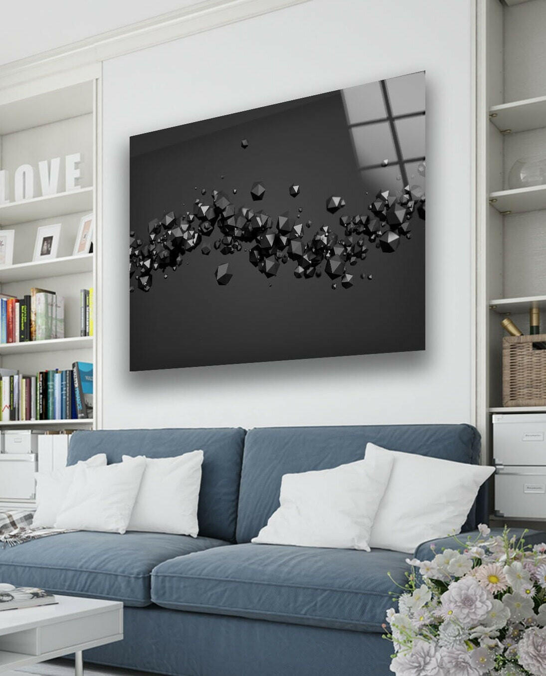 3D Abstract Diamond Glass Wall Art - Black Modern Home Decor for Living Room, Bedroom & Office