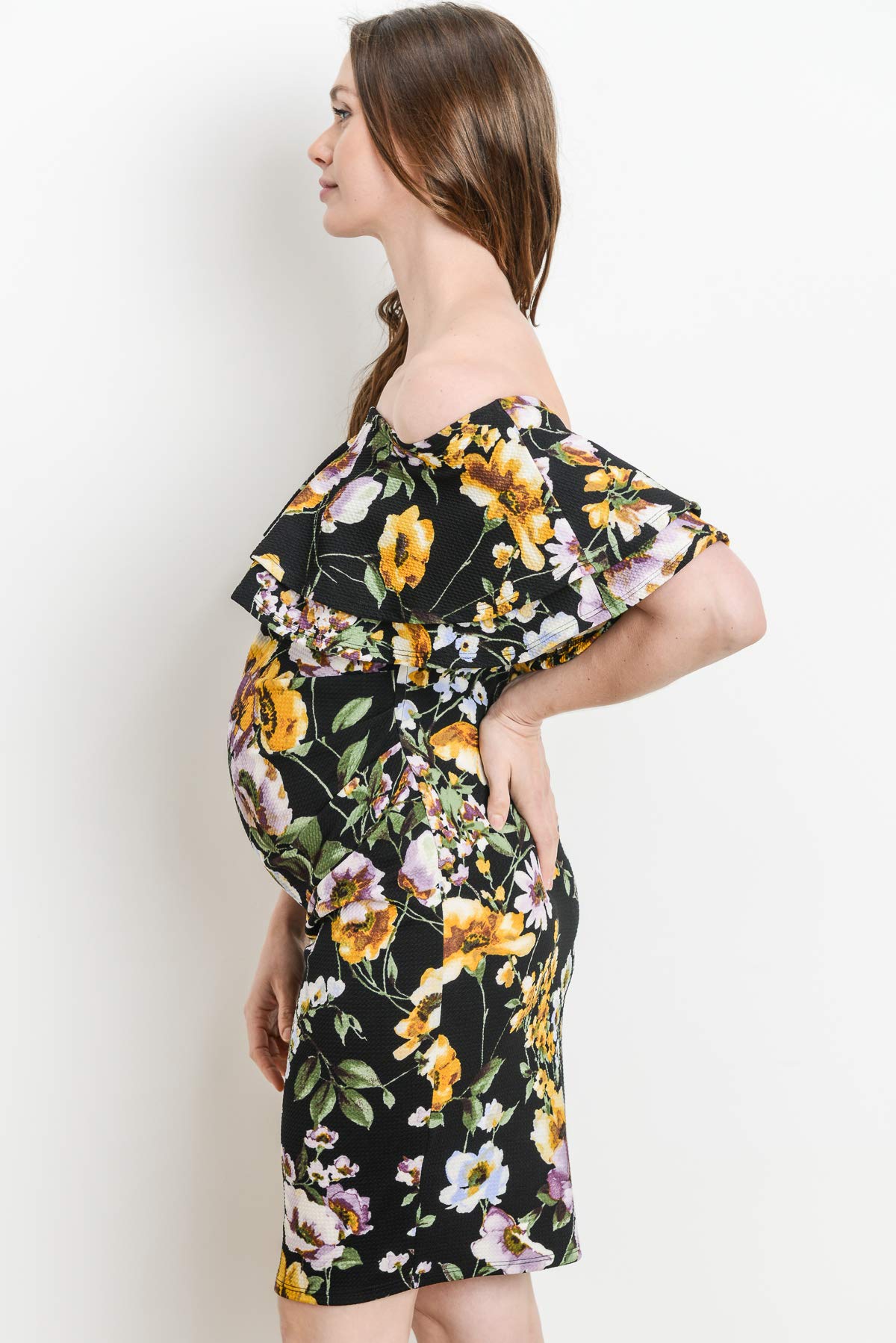 LaClef Women's Off Shoulder Maternity Dress with Double Ruffle - Comfortable Pregnancy Dress for Baby Shower, Maternity Photo Shoot & Summer Outfits