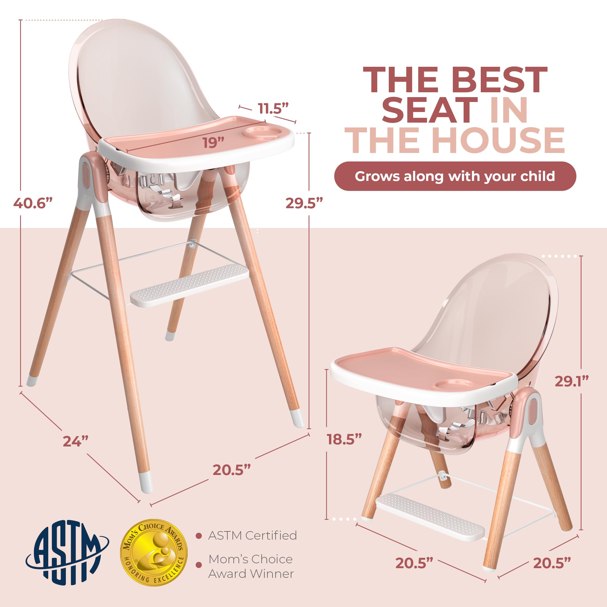 6-in-1 Deluxe Wooden High Chair for Babies & Toddlers - Modern, Safe & Compact Baby Highchair with Removable Tray | 6 Functions, 3 Seat Positions & 2 Height Adjustments | Easy to Clean & Assemble | Perfect for Dining, Feeding & Playtime (Pink)