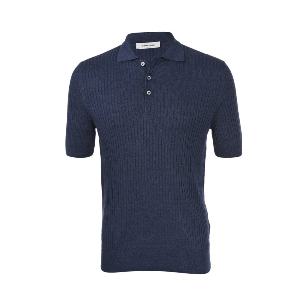 GRAN SASSO Men's Cotton Linen Ribbed Polo Shirt - Navy Blue Casual Slim Fit Button Down Collar Shirt for Business Casual & Summer Outings