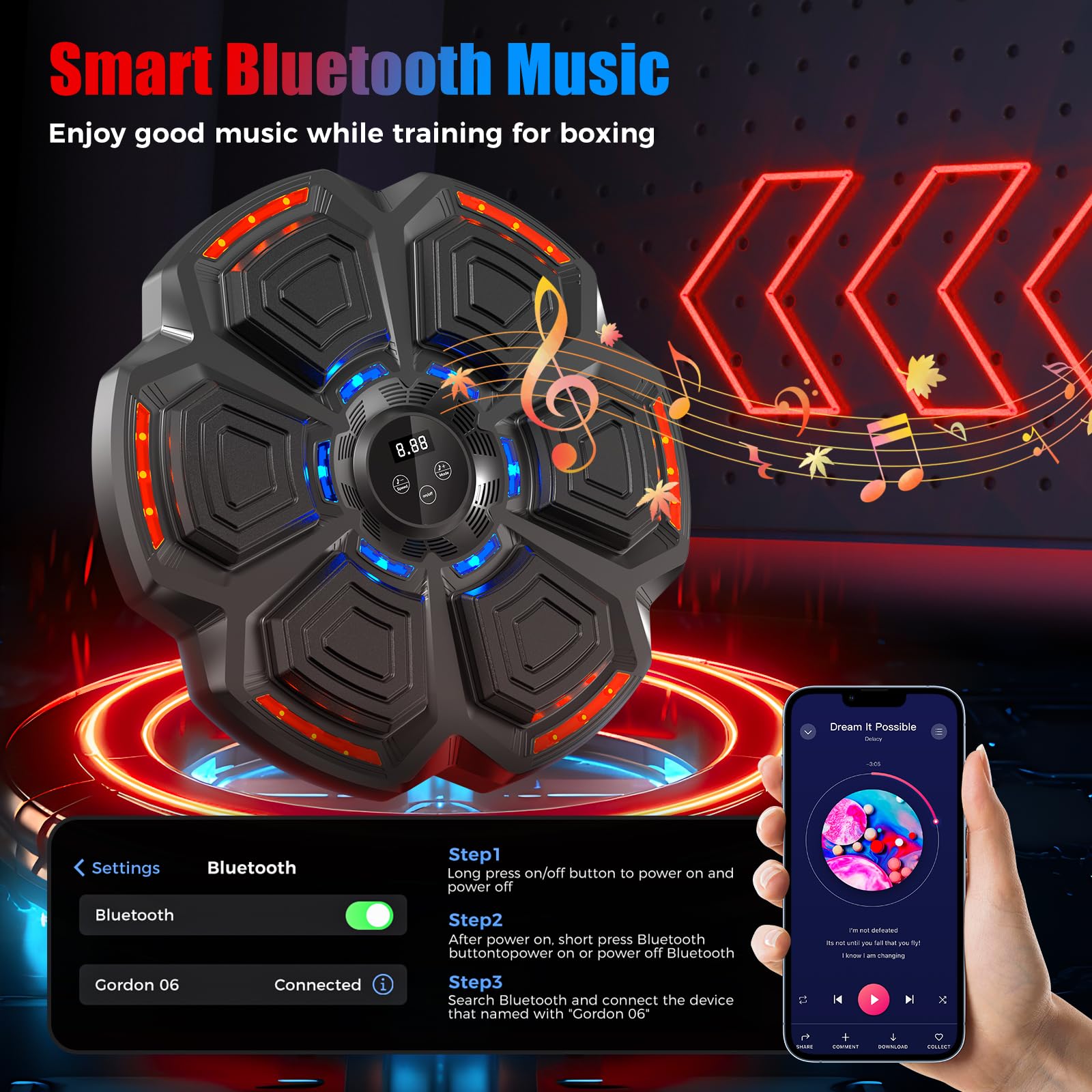 Bluetooth Smart Boxing Training Machine for Adults & Kids - Music Boxing Workout Equipment with Wall Target Punching for Reflex Training | Home, Office, Gym Fitness Gear for Fun Exercise & Stress Relief