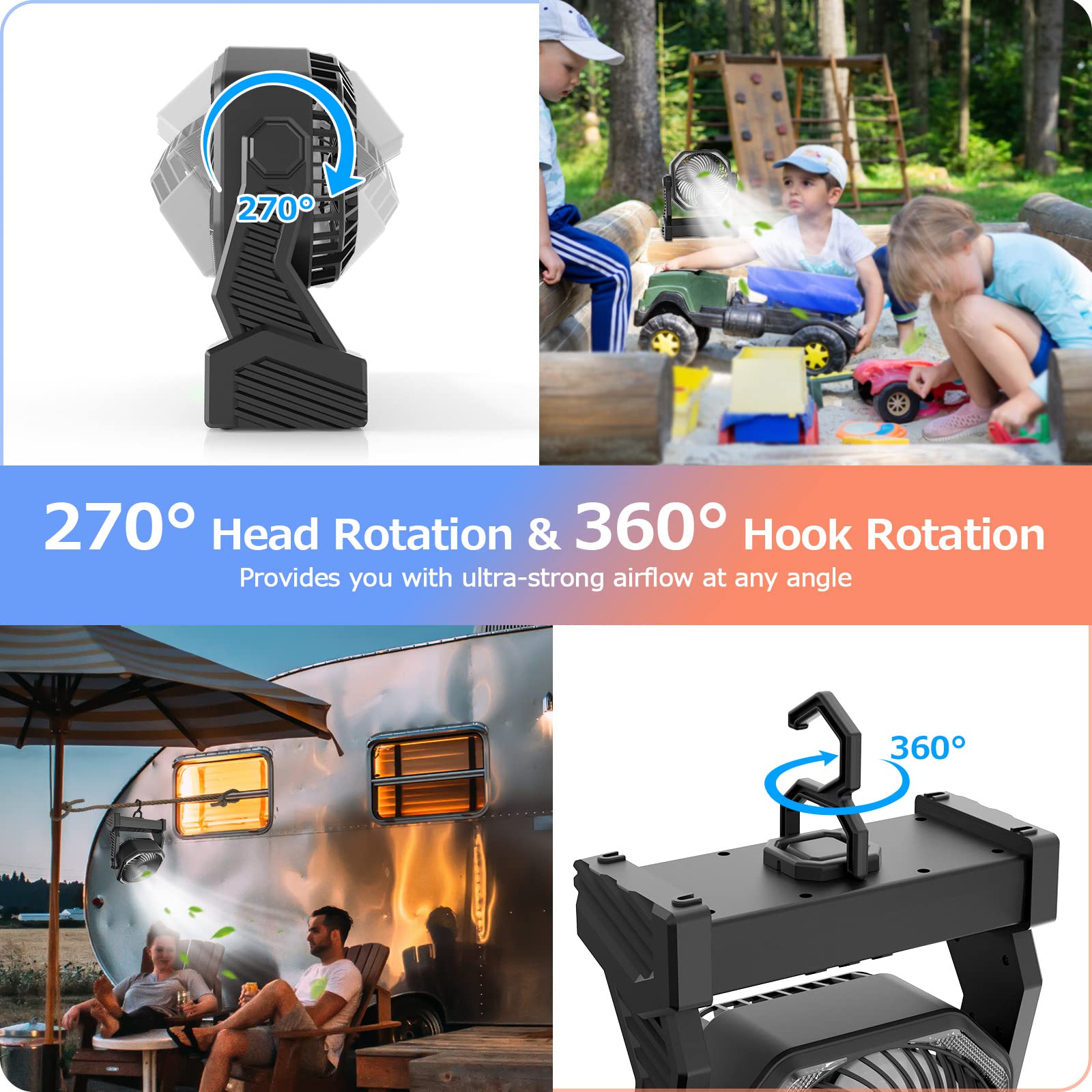 Rechargeable Camping Fan with LED Lantern - 20000mAh Battery, 270° Rotation, 4 Speed & 3 Brightness Levels, Portable USB Desk Fan with Hook - Perfect for Camping, Travel, Fishing, Power Outages & Jobsite Use