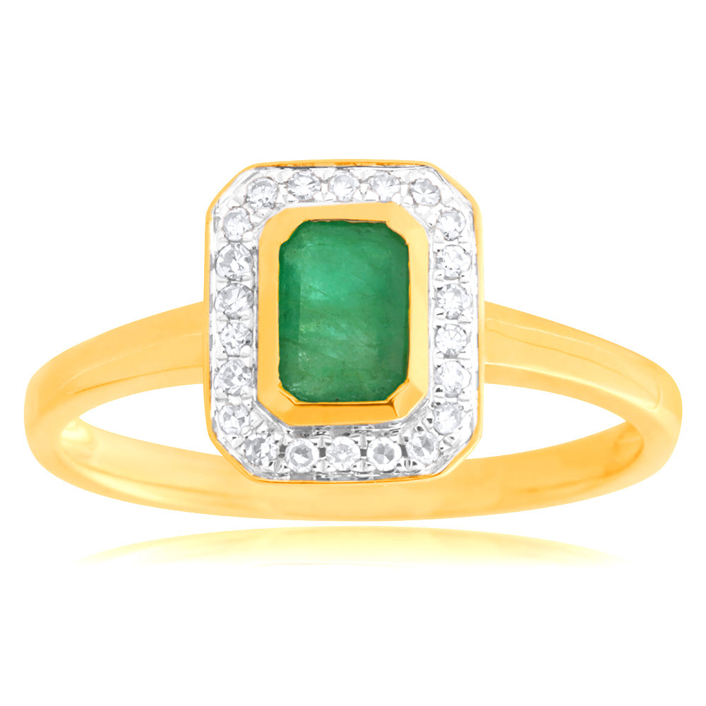 9ct Yellow Gold 0.6ct Natural Emerald and 1/10 Carat Diamond Ring for Women - Elegant Vintage Style Engagement, Wedding, Anniversary Gift - Perfect for Special Occasions & Everyday Wear