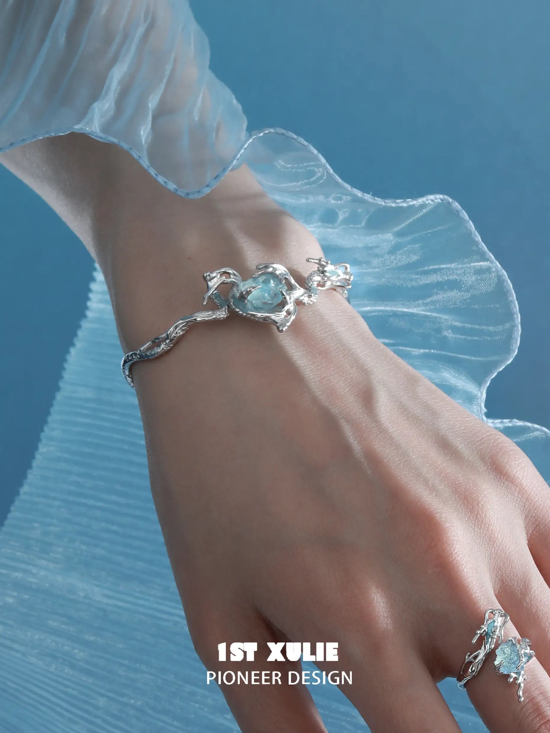 18K Platinum Plated Adjustable Open Bangle Bracelet with Aquamarine Gemstone - Elegant Jewelry for Women, Perfect for Weddings, Parties & Special Occasions