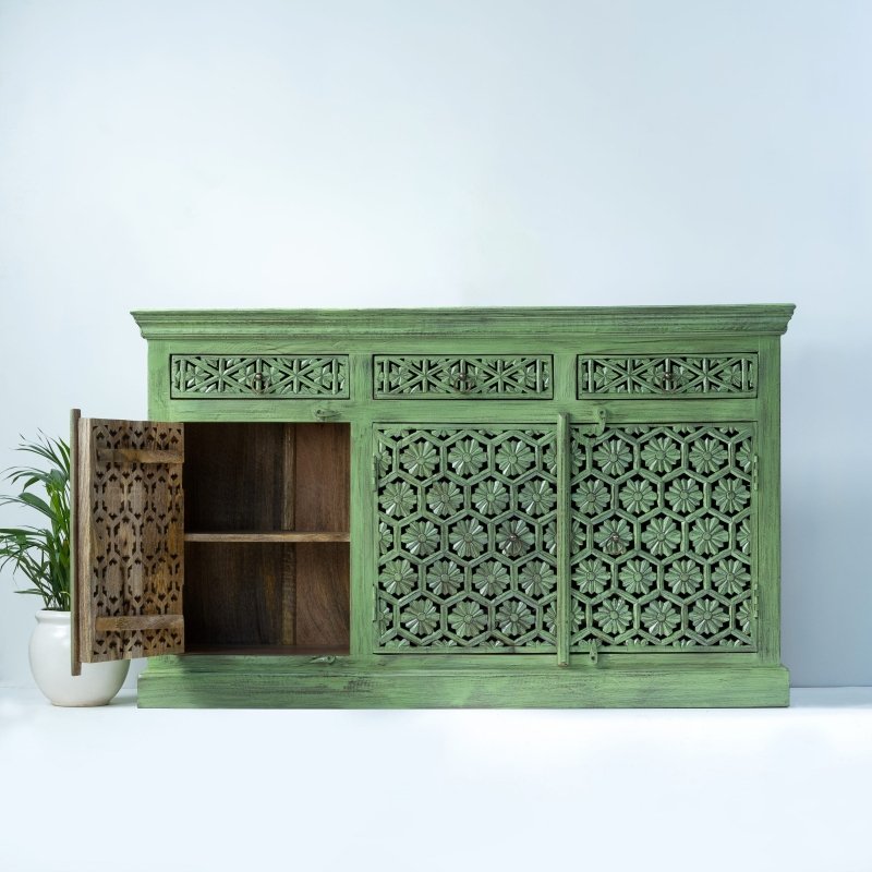 Hand Carved Light Green Sideboard with Solid Wood Base - Perfect for Dining Room, Living Room, or Entryway Storage