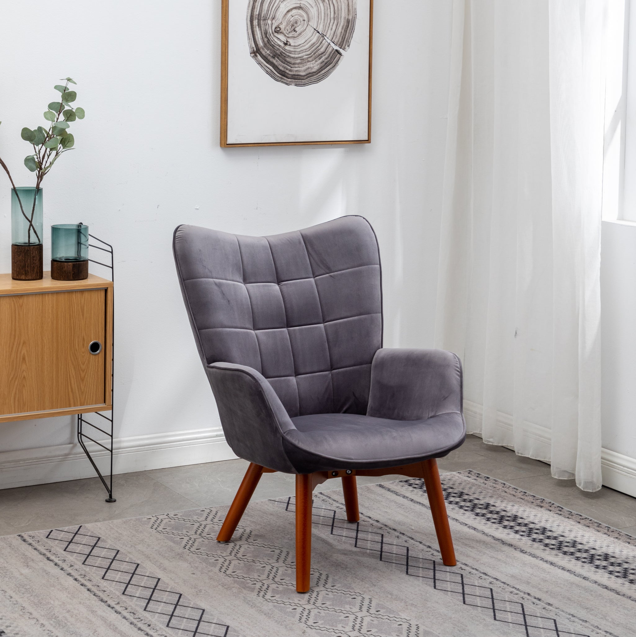 Roundhill Furniture Leiria Contemporary Silky Velvet Tufted Accent Chair with Ottoman in Gray - Modern Living Room Seating for Home Office & Lounge Decor