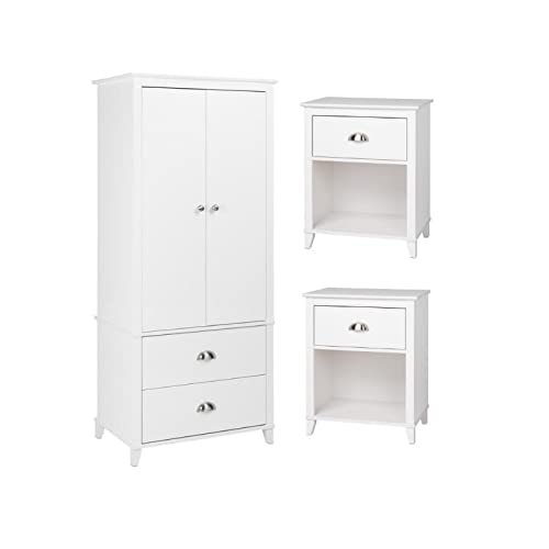 Home Square 3-Piece Bedroom Set - White 2 Drawer Nightstands & Wardrobe Armoire for Master Bedroom or Guest Room