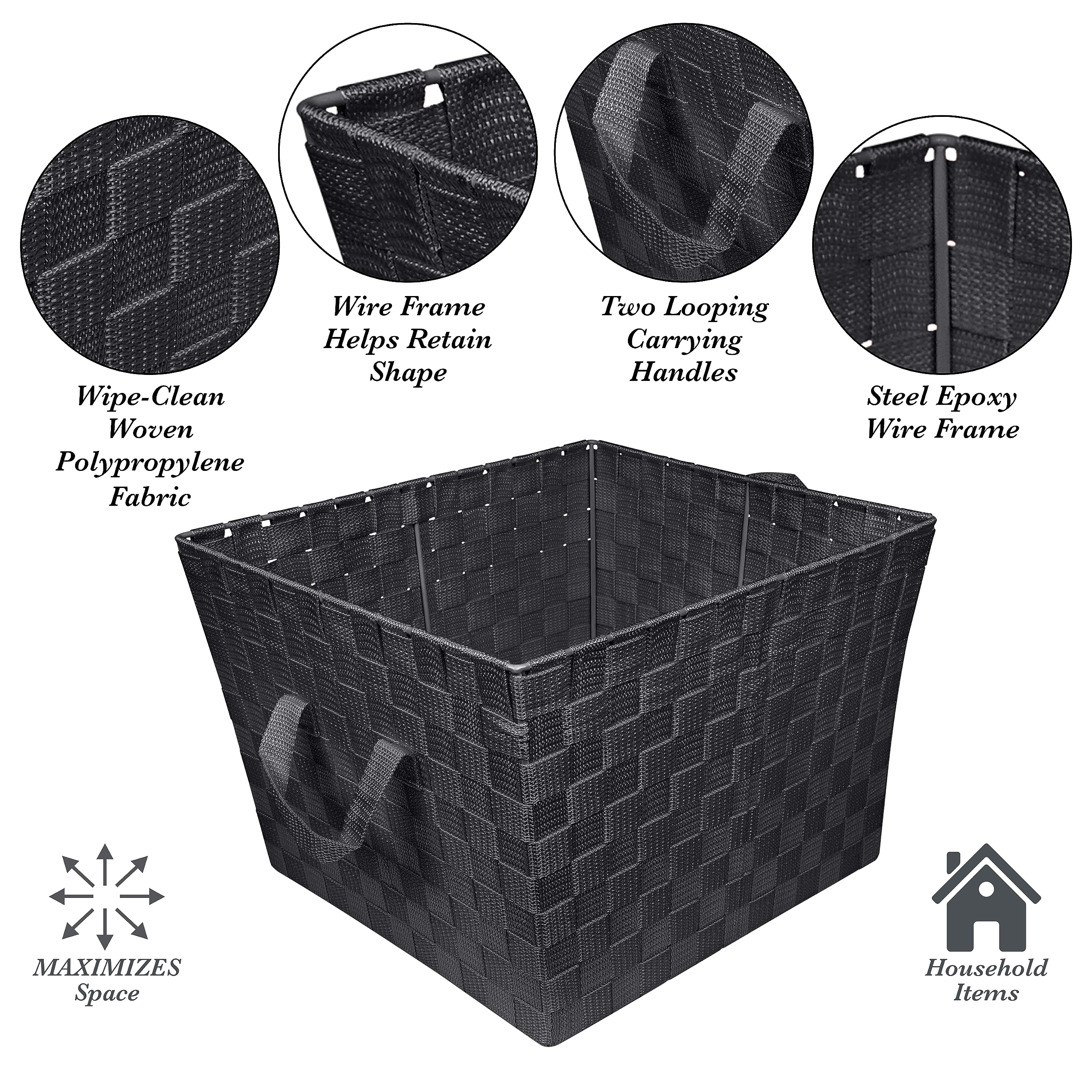 Large Woven Storage Tote Basket with 2 Handles - 2 Pack Black Organizer for Closet, Bedroom, Bathroom & Nursery - Perfect for Toys, Accessories & Gift Storage