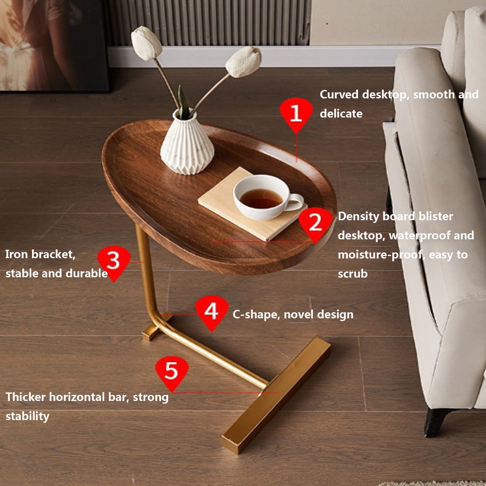 Small Oval Coffee Table - C-Shaped End Table for Sofa, Living Room, Bedroom & Office - Multi-Functional Laptop Desk & Dining Table (45x30x70cm, Black) - Perfect for Small Spaces, Balcony & Home Decor