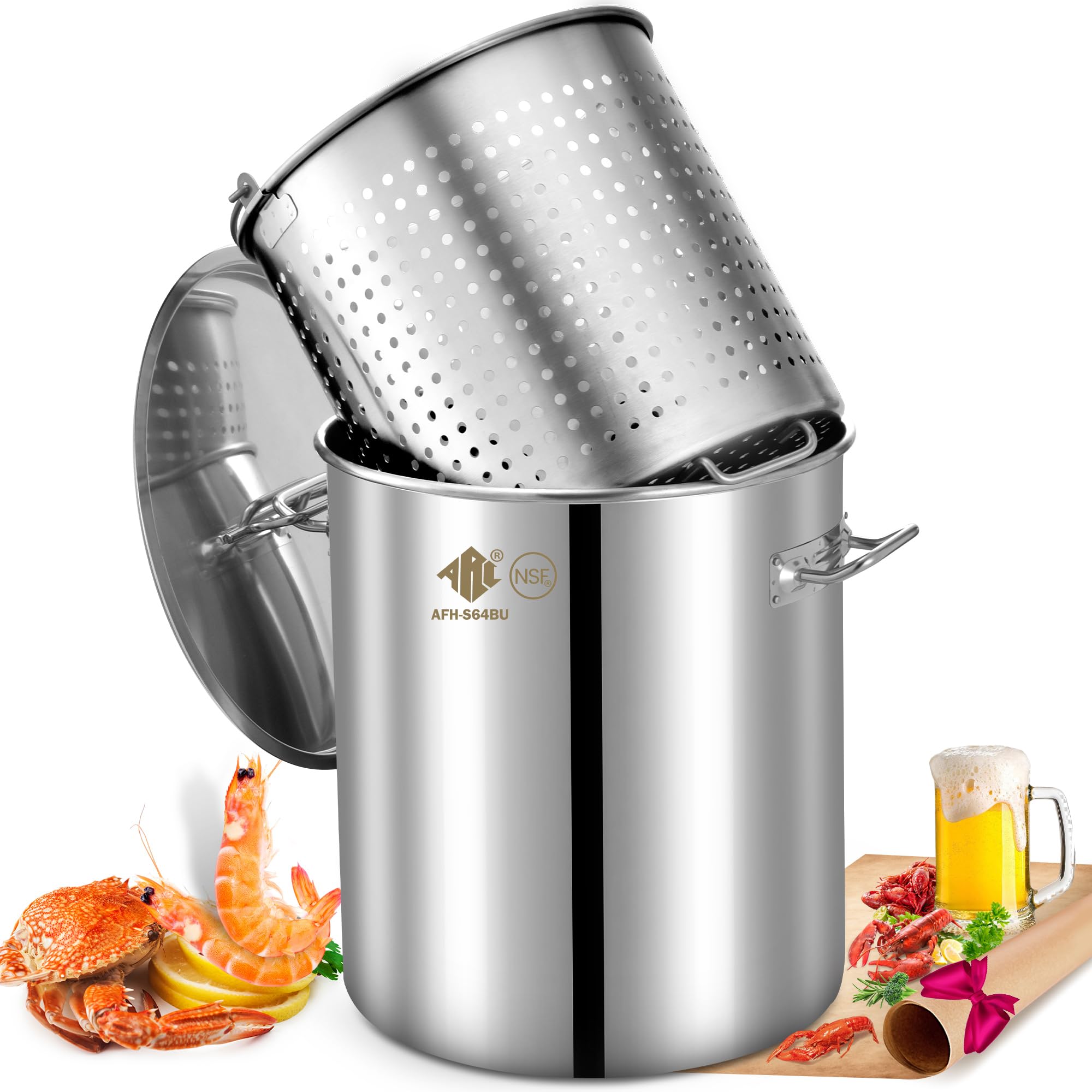 ARC 84-Quart Stainless Steel Seafood Boil Pot with Basket & 2 Brown Paper Table Covers - Large Crab Cooking Pot for Crawfish, Lobster, Shrimp, Turkey Fryer (21 Gallon) - Perfect for Outdoor Parties, Family Gatherings & Seafood Feasts