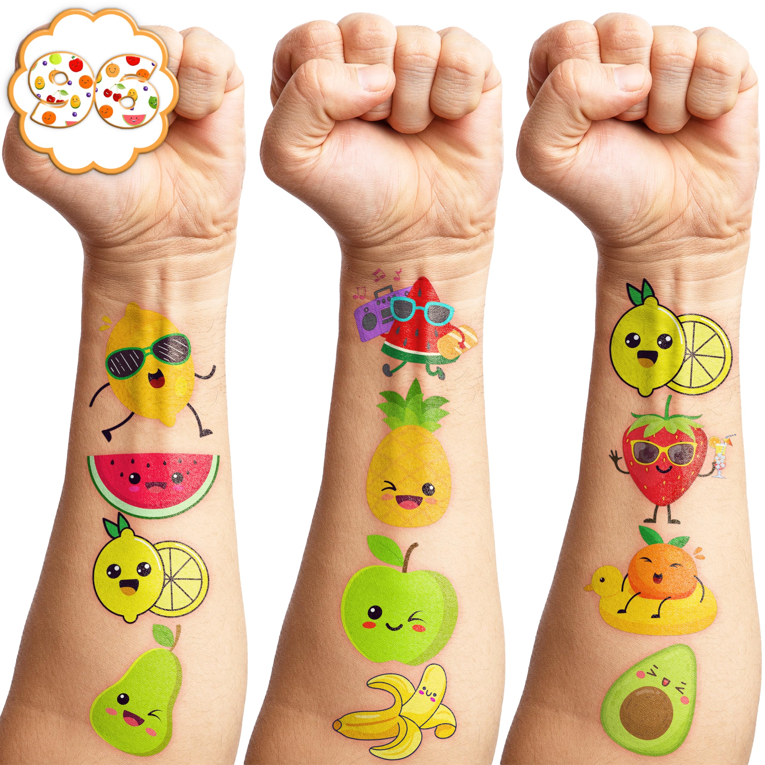 96PCS Fruit Temporary Tattoos for Kids - Summer Party Favors, Cute Lemon Orange Strawberry Watermelon Stickers, Fun Birthday Supplies & School Prizes | Perfect for Pool Parties, Beach Events & Classroom Rewards