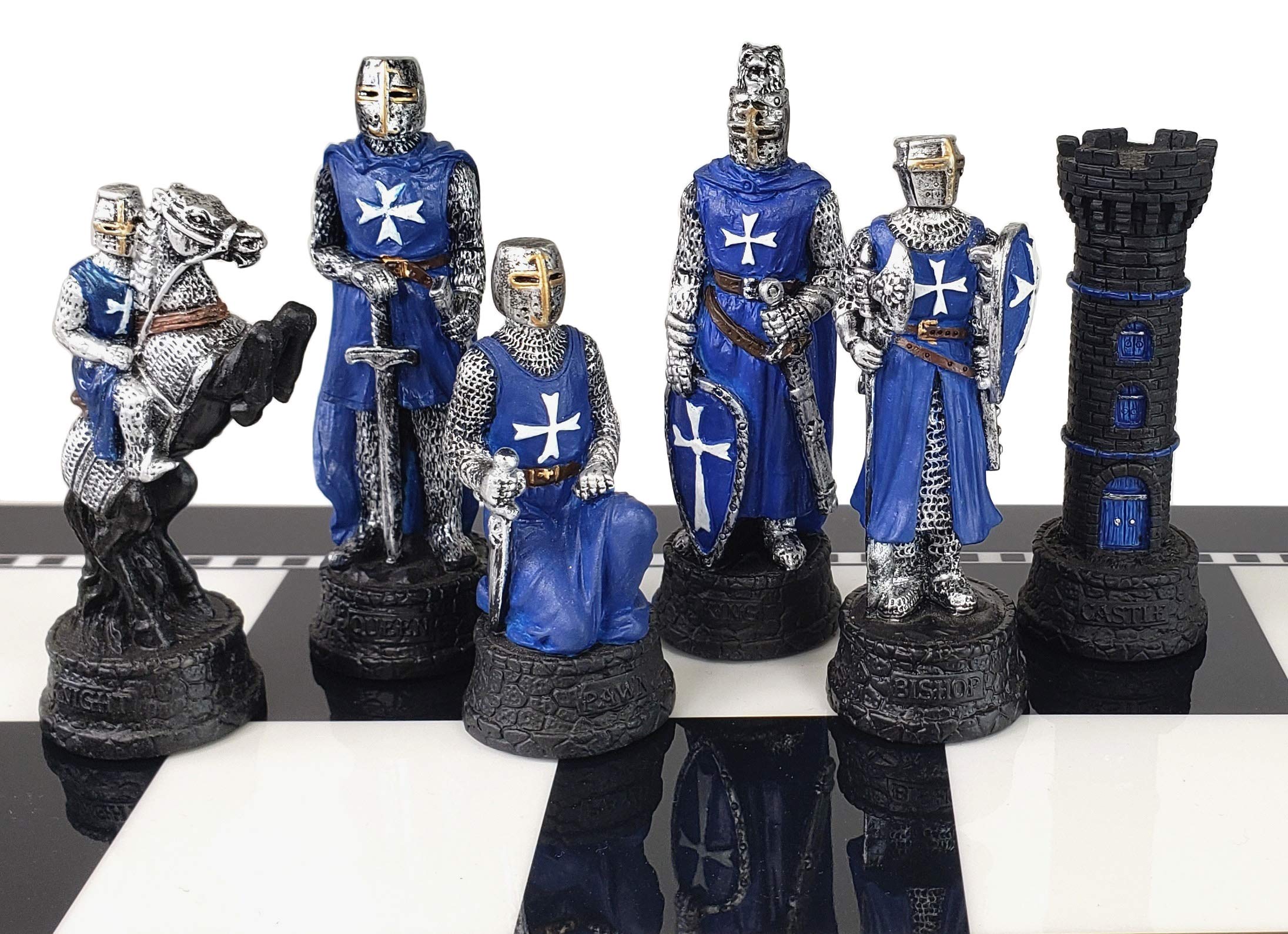 Medieval Crusades Red & Blue Maltese Knights Chess Set - 17 Inch Black & White Storage Board - Perfect for Collectors & Historical Game Enthusiasts