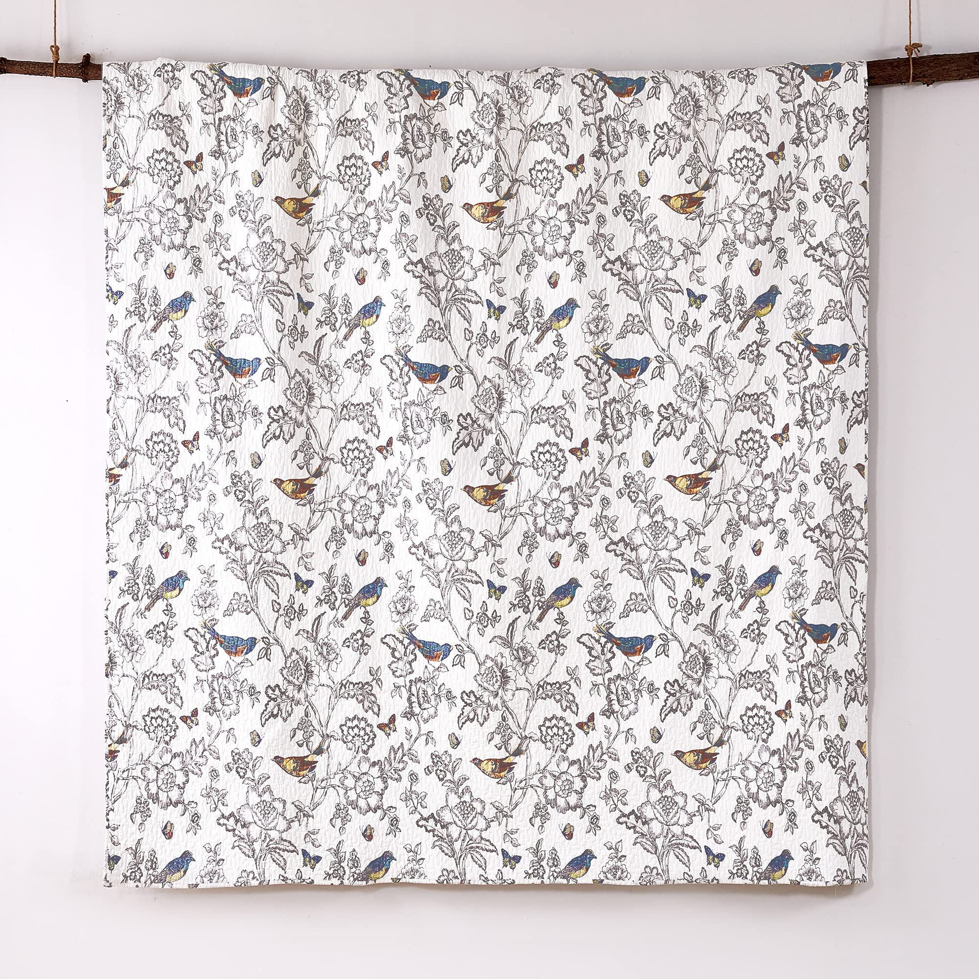 Levtex Home Mockingbird Quilt Set Full/Queen Size 88x92 Inches with 2 Standard Pillow Shams 26x20 Inches - Grey Toile Bird & Butterfly Print Reversible Cotton Bedding - Perfect for Guest Rooms, Master Bedrooms & Cozy Farmhouse Decor