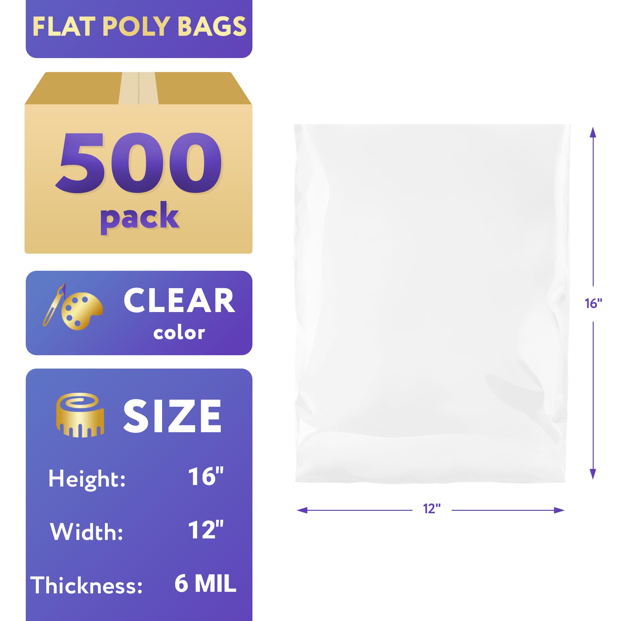 APQ 500-Pack 12x16 Inch Clear Flat Poly Bags - 6 Mil Ultra Thick Open Top Plastic Bags for Storage & Shipping | Perfect for Industrial Use, Food Service, Healthcare & Retail Packaging