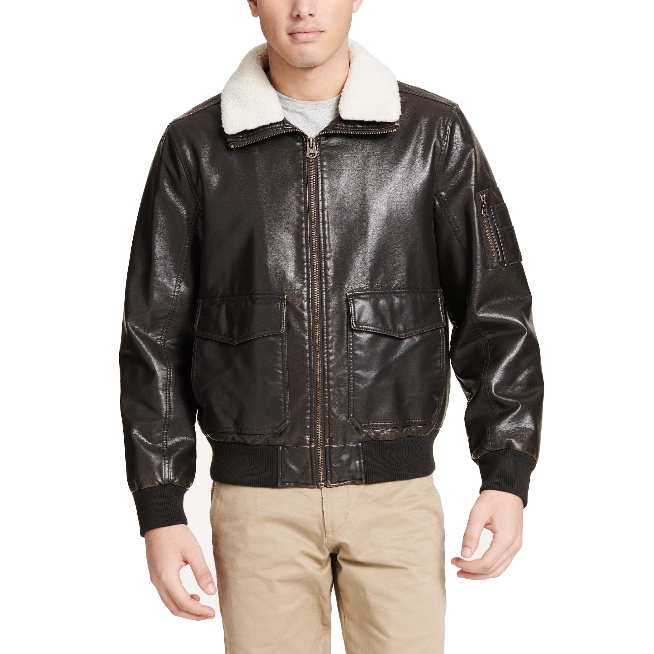 DOCKERS Men's Maverick Faux Leather Sherpa Collar Aviator Bomber Jacket for Men - Warm Winter Coat with Fleece Lining (Standard & Big-Tall Sizes) | Casual Outerwear for Fall & Winter Seasons
