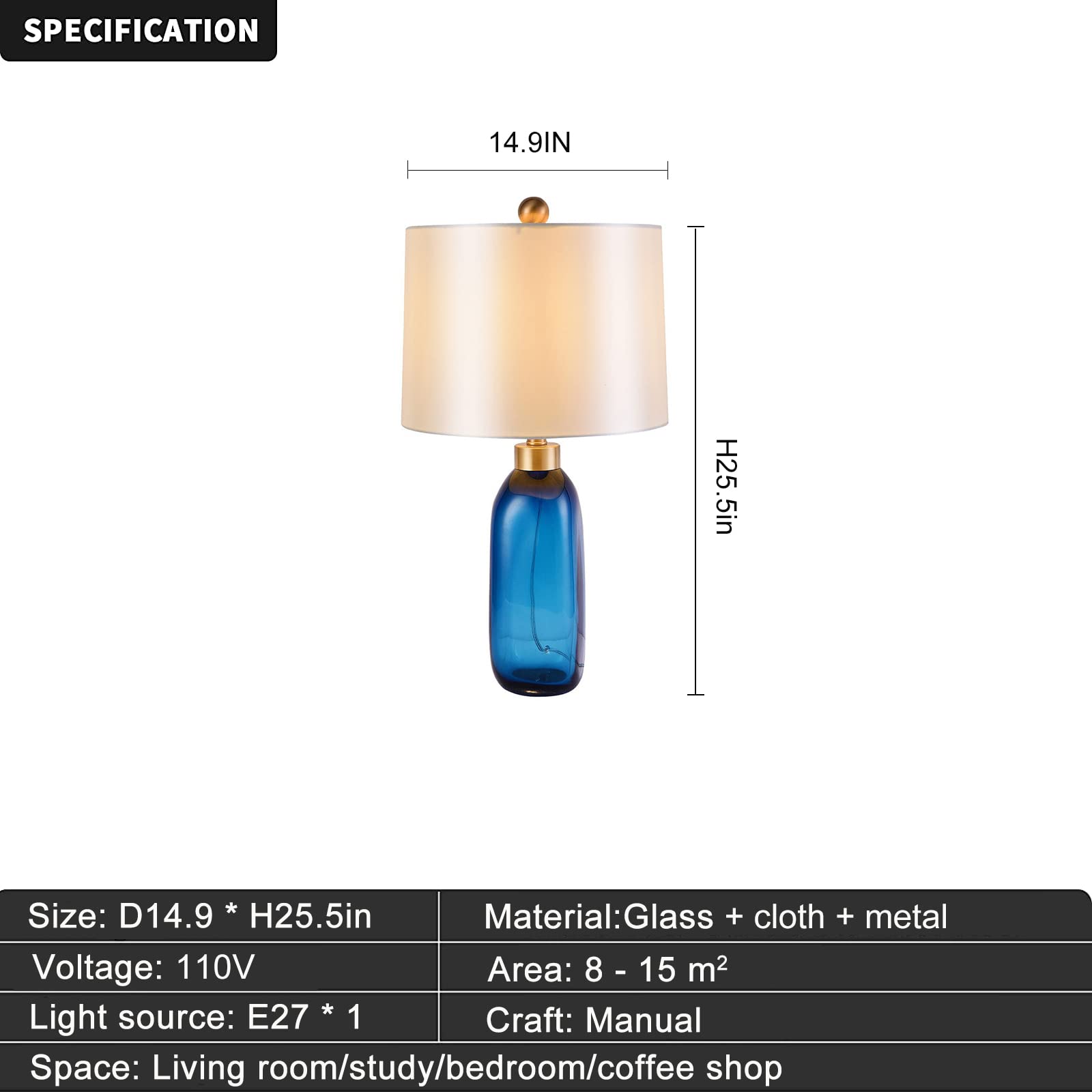 Nordic Blue Glass Desk Lamp - Modern Oval Deskside Lamp with White Fabric Shade, Nightstand Lighting for Living Room, Bedroom, Home Office & Entryway | Perfect for Reading, Working & Ambient Lighting