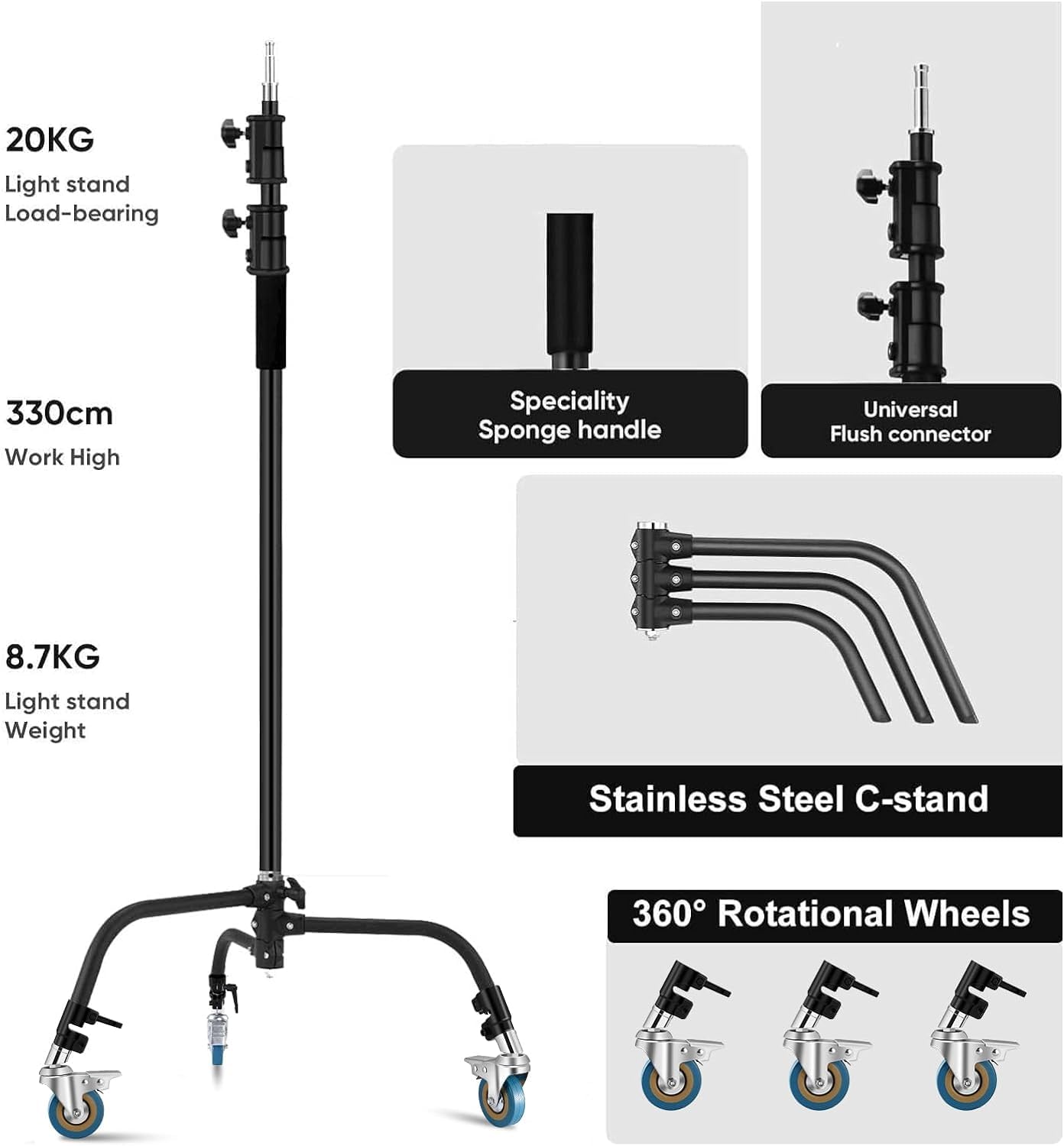 Heavy Duty C Stand 11.3ft/345cm All-Metal Adjustable Century Stand with 4.2ft/128cm Boom Arm & Wheels - Professional Photography Light Stand for Studio, Video Reflector, Umbrella, Softbox & Monolight - Perfect for Portrait, Product & Commercial Photography