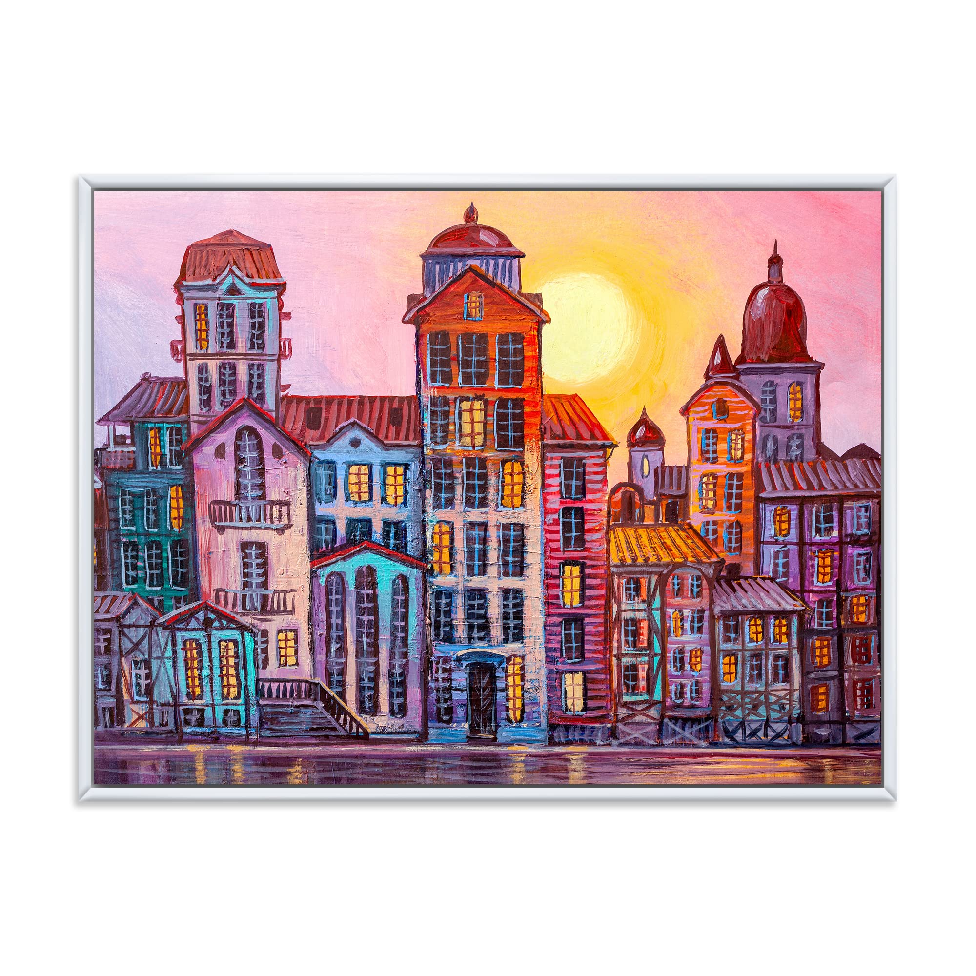 Vintage Old Town Street Scene with Colorful Buildings - Mid-Century Modern Framed Canvas Wall Art Print for Living Room, Bedroom & Office Decor