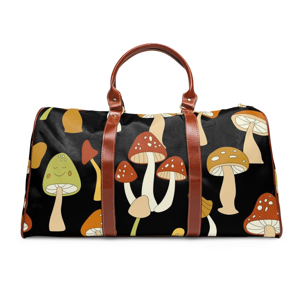 Retro Mushroom Print Waterproof Overnight Travel Bag - Vintage Style Faux Leather Straps & Handles - Perfect for Weekend Getaways, Music Festivals & Boho Fashion