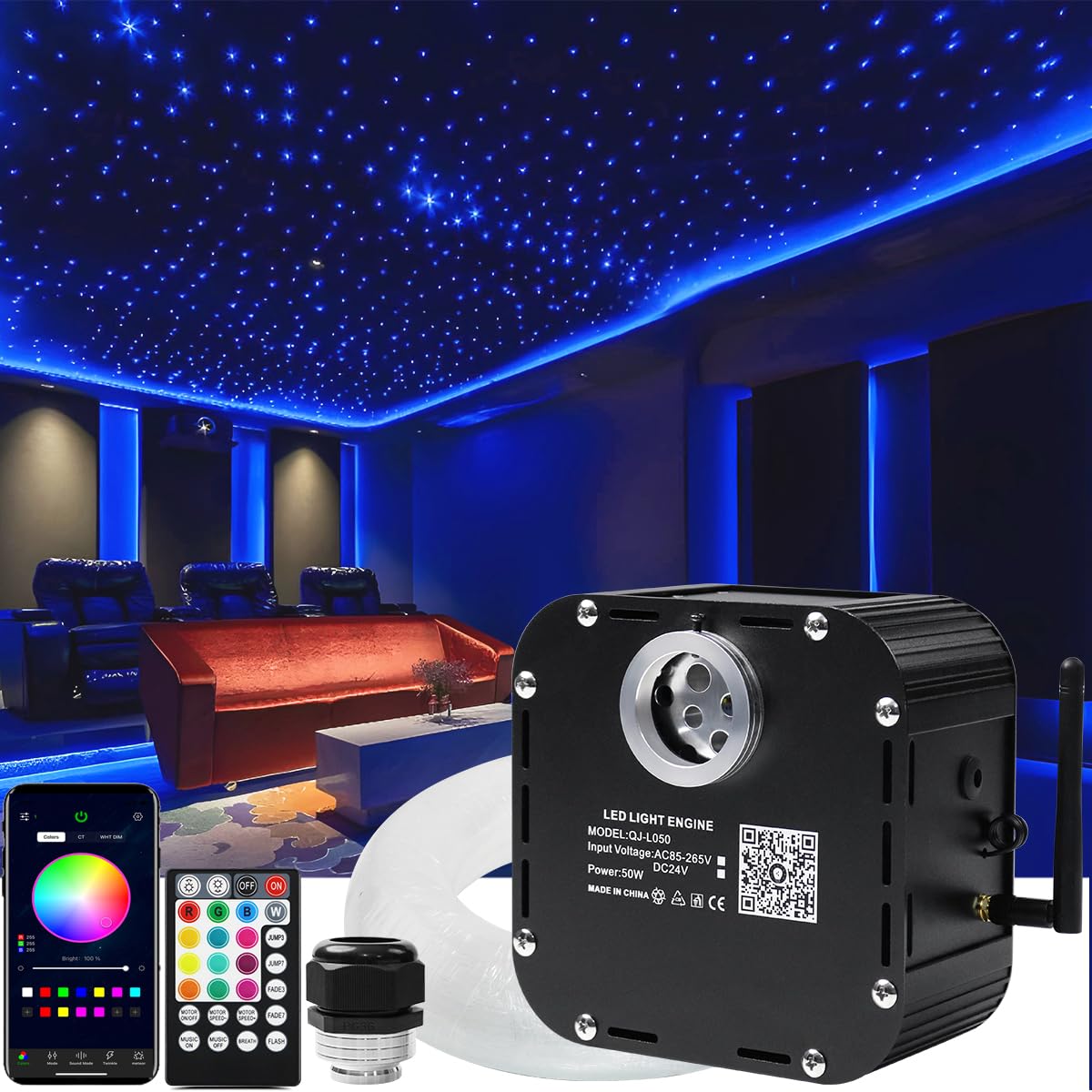 AZIMOM 50W High Brightness Twinkle Fiber Optic Star Ceiling Kit - 1000pcs 0.03in 16.5ft Fiber Strands with Sound Activation & Bluetooth/APP Remote Control - Perfect for Home Theater, Shop Lobby, and Ceiling Decor