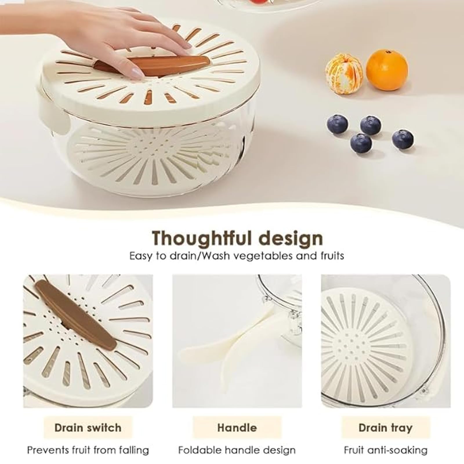 Multifunctional Fruit and Vegetable Washing Bowl with Lid and Strainer - 3-in-1 Drainer, Washer & Spinner for Fresh Produce (Brown, 1PC) - Perfect for Kitchen, Camping & Healthy Meal Prep