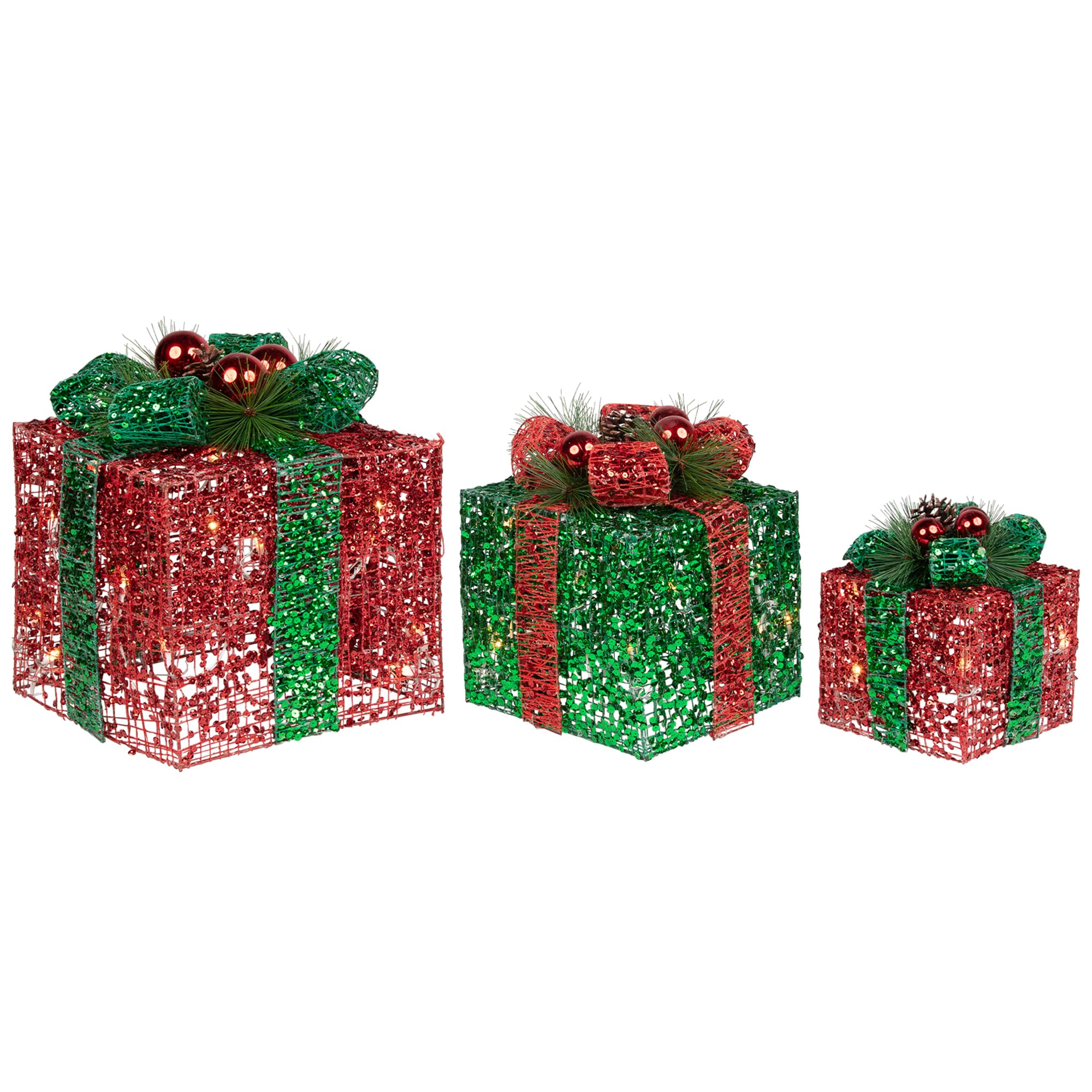 3 Pack LED Lighted Red and Green Glitter Christmas Gift Boxes - Holiday Home Decor, Outdoor Xmas Tree Ornaments, Party Favors & Festive Table Centerpieces