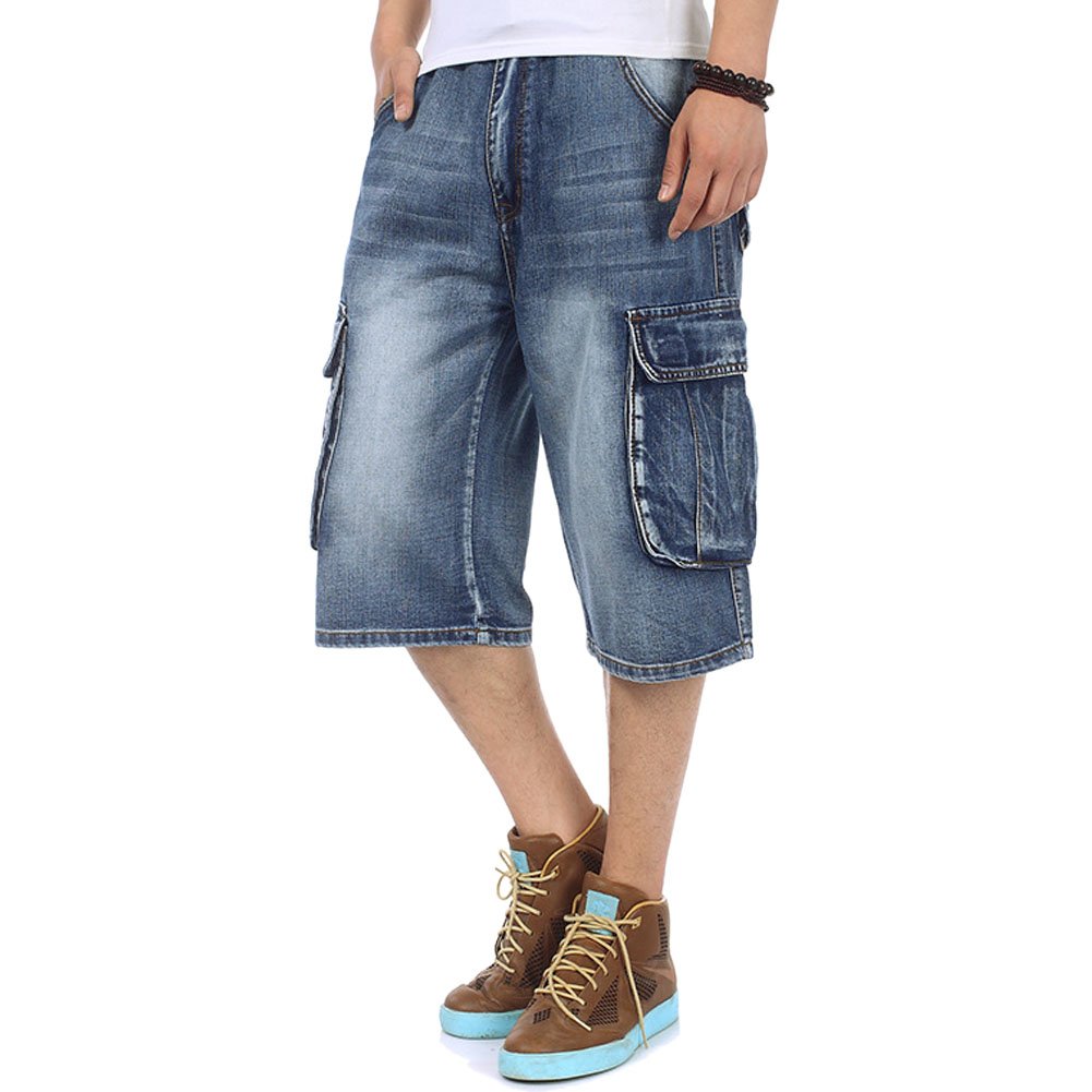 QBO Men's Light Denim Cargo Shorts - Vintage Style Stretch Jeans with Pockets | Casual Summer Wear, Outdoor Activities & Street Fashion