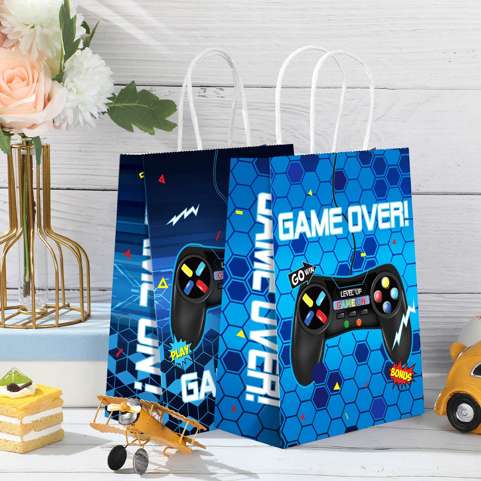 16-Piece Gamer Party Favor Bags with Handles - Video Game Themed Candy Treat Gift Bags for Kids & Boys - Perfect for Gaming Birthday Parties, Decorations & Goodie Bags