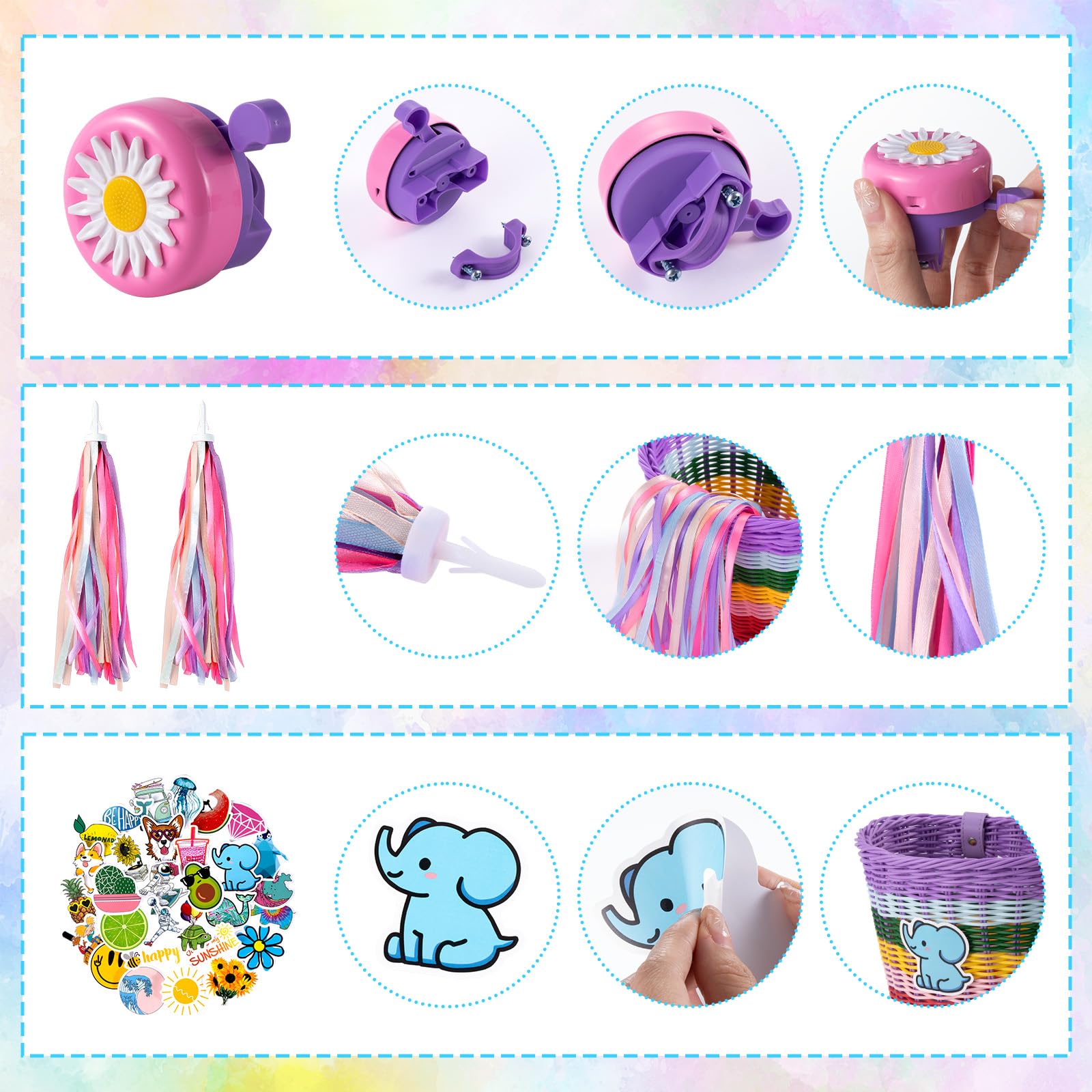 Kids Bike Basket - Front Woven Bicycle Basket with Stickers, Bell, Windmill & Colorful Ribbon Tassels for Boys & Girls - Perfect for School Commutes, Park Rides & Neighborhood Adventures