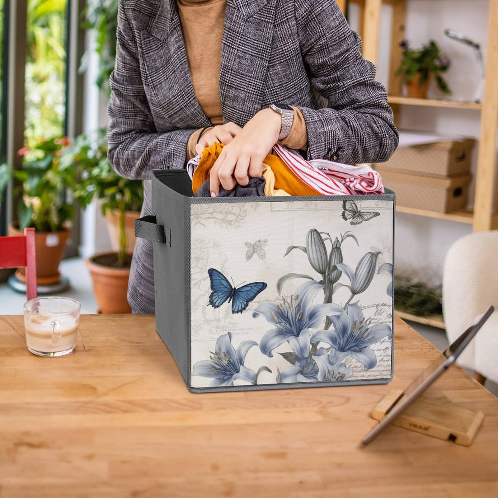 2-Pack Collapsible Storage Bins with Handles - Blue Floral Printed Foldable Storage Boxes for Home Organization, Shelves, Closet & Pantry | Space-Saving Storage Solution for Bedroom, Bathroom & Office