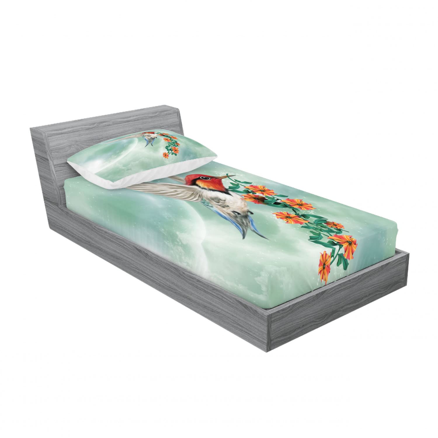 Ambesonne 2-Pack Twin Size Fitted Sheets & Pillow Sham Set - Bird with Flower Branch Design, 4-Piece Bedding Set in Orange & Green | Perfect for Kids' Rooms, Guest Bedrooms & Dorm Decor