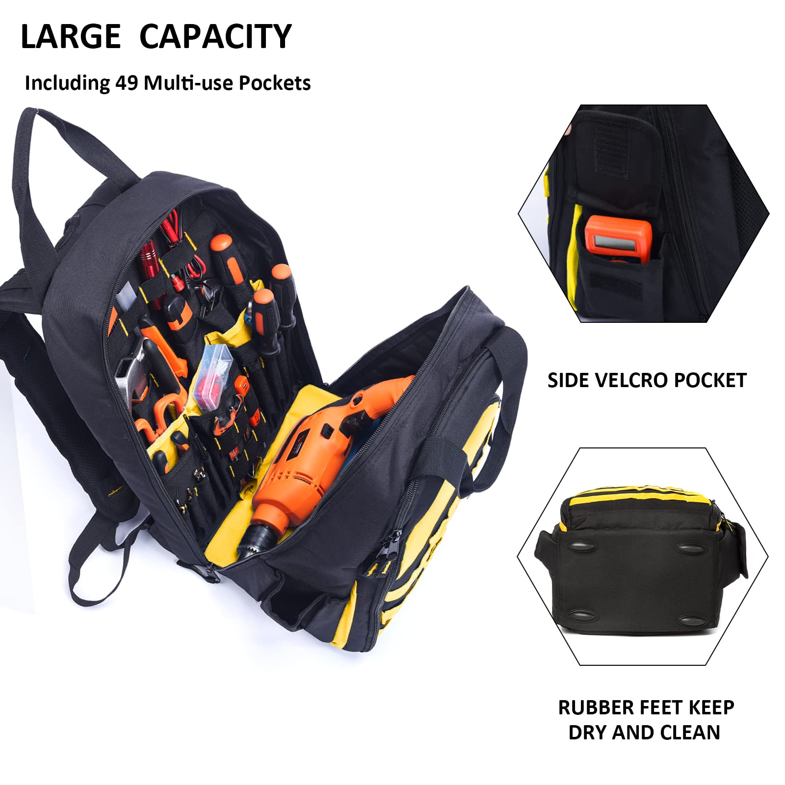 Heavy-Duty Tool Backpack for Men - AUMTISC Construction Work Bag with Multiple Pockets for Electricians, HVAC Techs & Repairmen | Durable Yellow Tool Storage Organizer | Perfect for Job Sites, Industrial Work & Home Repairs