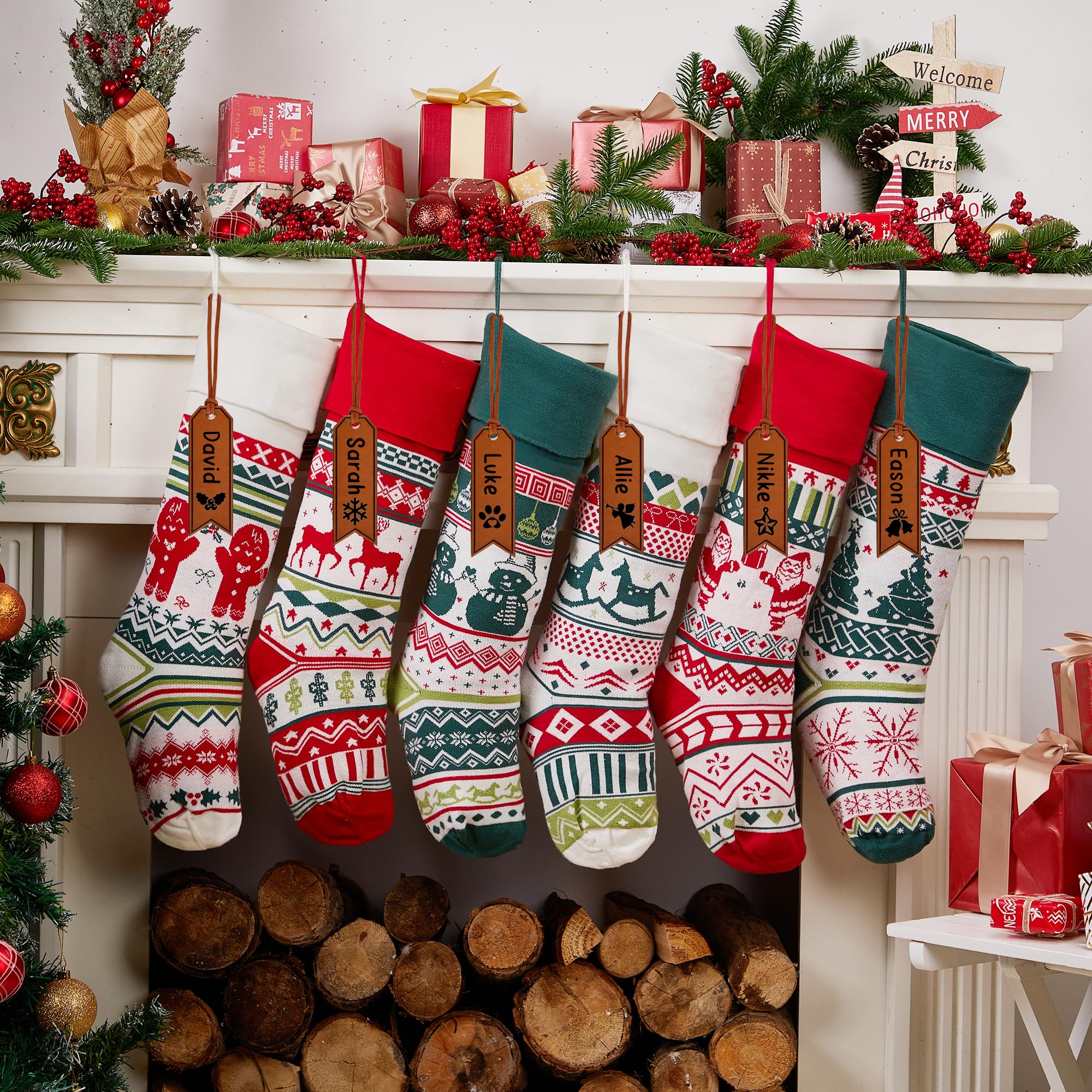 Mostop 6 Pack Christmas Stockings - 21 Inch Large Cable Knit Holiday Stockings with Snowflake, Reindeer & Snowman Designs - Festive Xmas Decor for Fireplace, Mantel & Family Gatherings