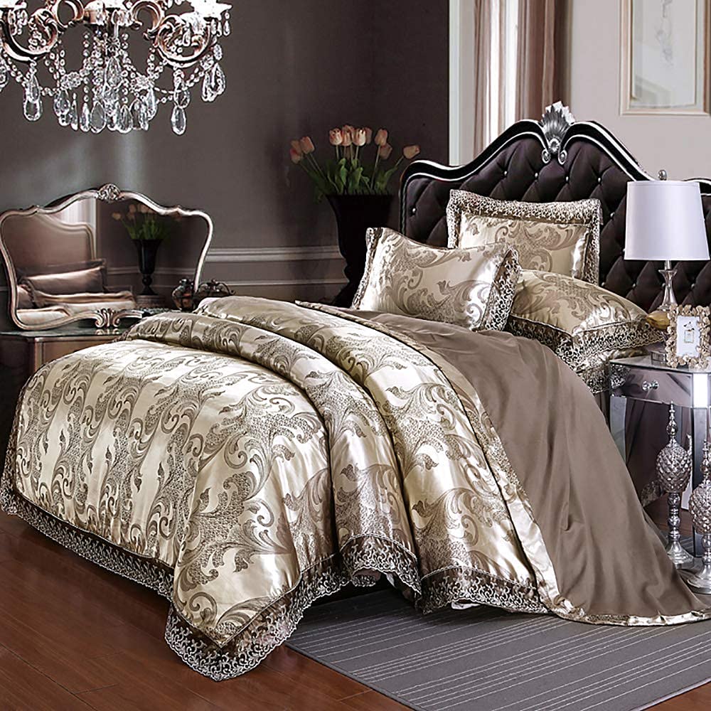 FMOGG King Silk Bedding Set - Blue & Gold Jacquard Duvet Covers for Luxury Bedrooms