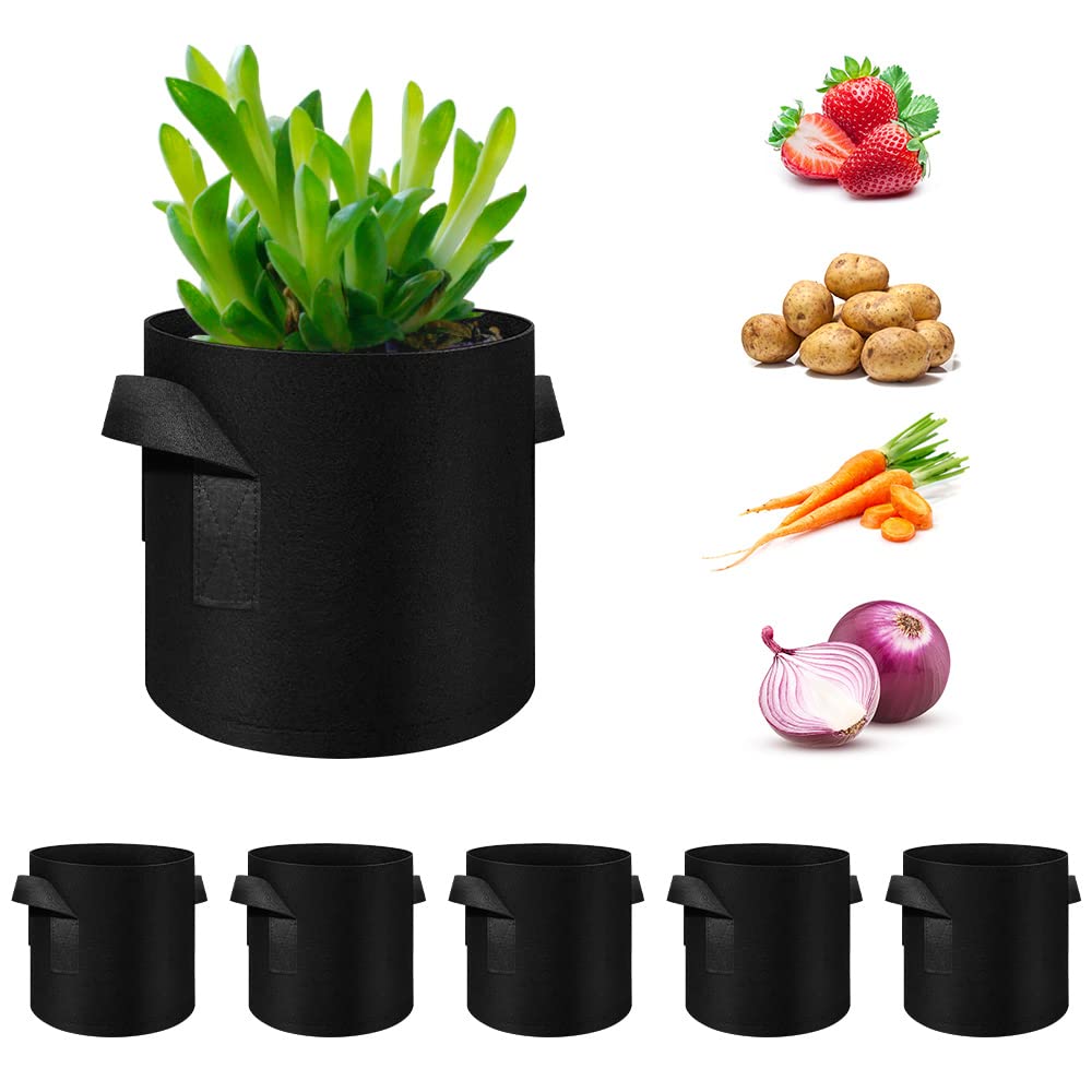 5 Pack 7 Gallon Heavy Duty Thickened Nonwoven Fabric Grow Bags with Handles - Durable Plant Pots for Vegetables, Flowers, Fruits & Plants (Black) - Perfect for Indoor Gardening, Outdoor Planting & Container Farming