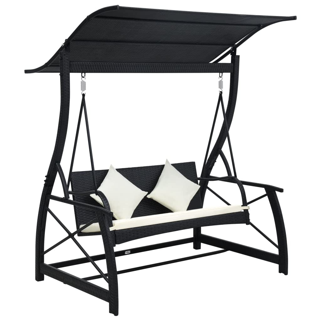 vidaXL Patio Swing Chair with Adjustable Canopy & Cushion - Outdoor Hanging Daybed Bench in Black Poly Rattan - Perfect for Balcony, Garden, Porch & Backyard Relaxation