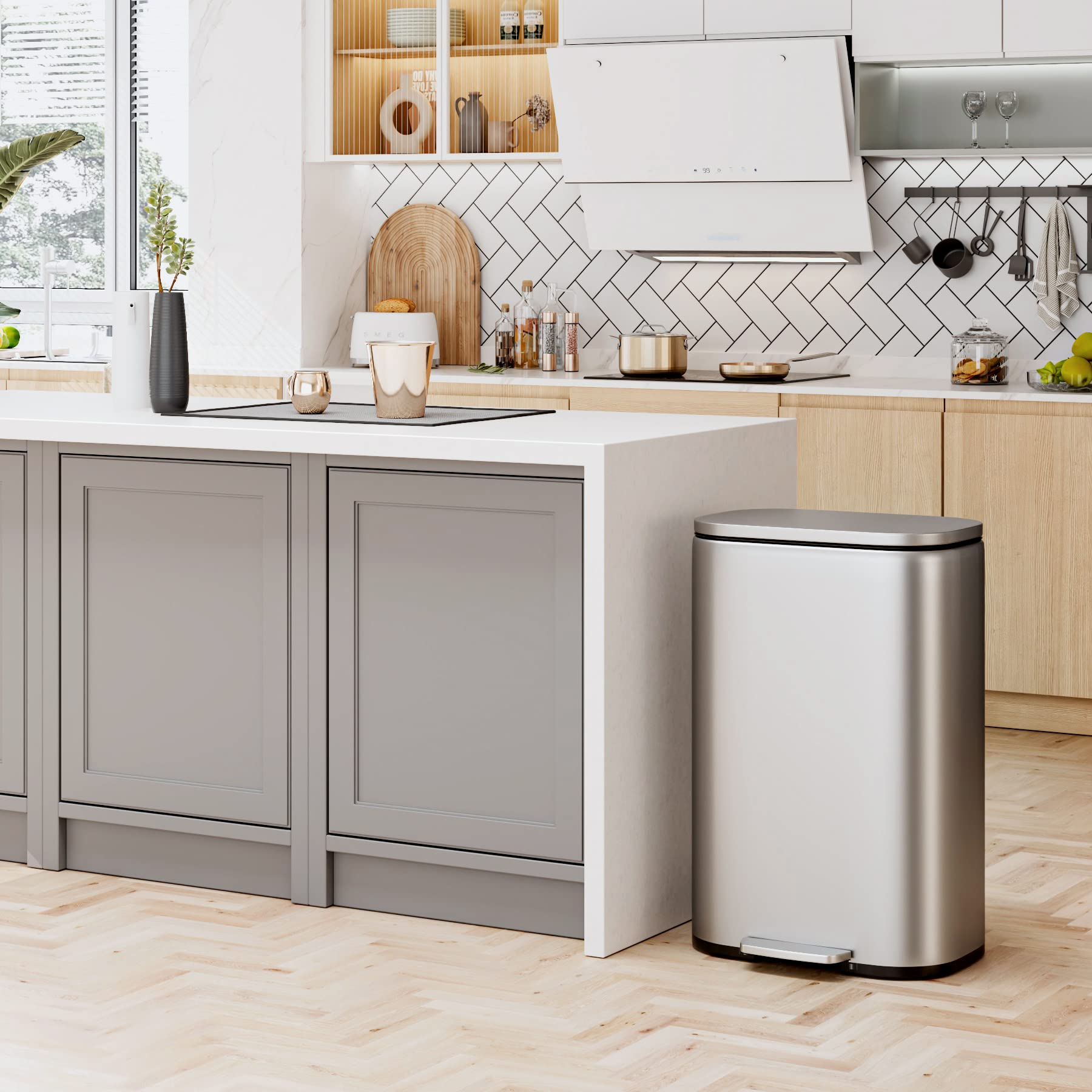 Premium Stainless Steel Trash Can with Silent Lid - 50L Durable Pedal Garbage Bin for Kitchen, Bathroom & Office - Odor-Proof Inner Bucket, Hands-Free Operation (Silver) - Perfect for Home, Restaurant & Commercial Use