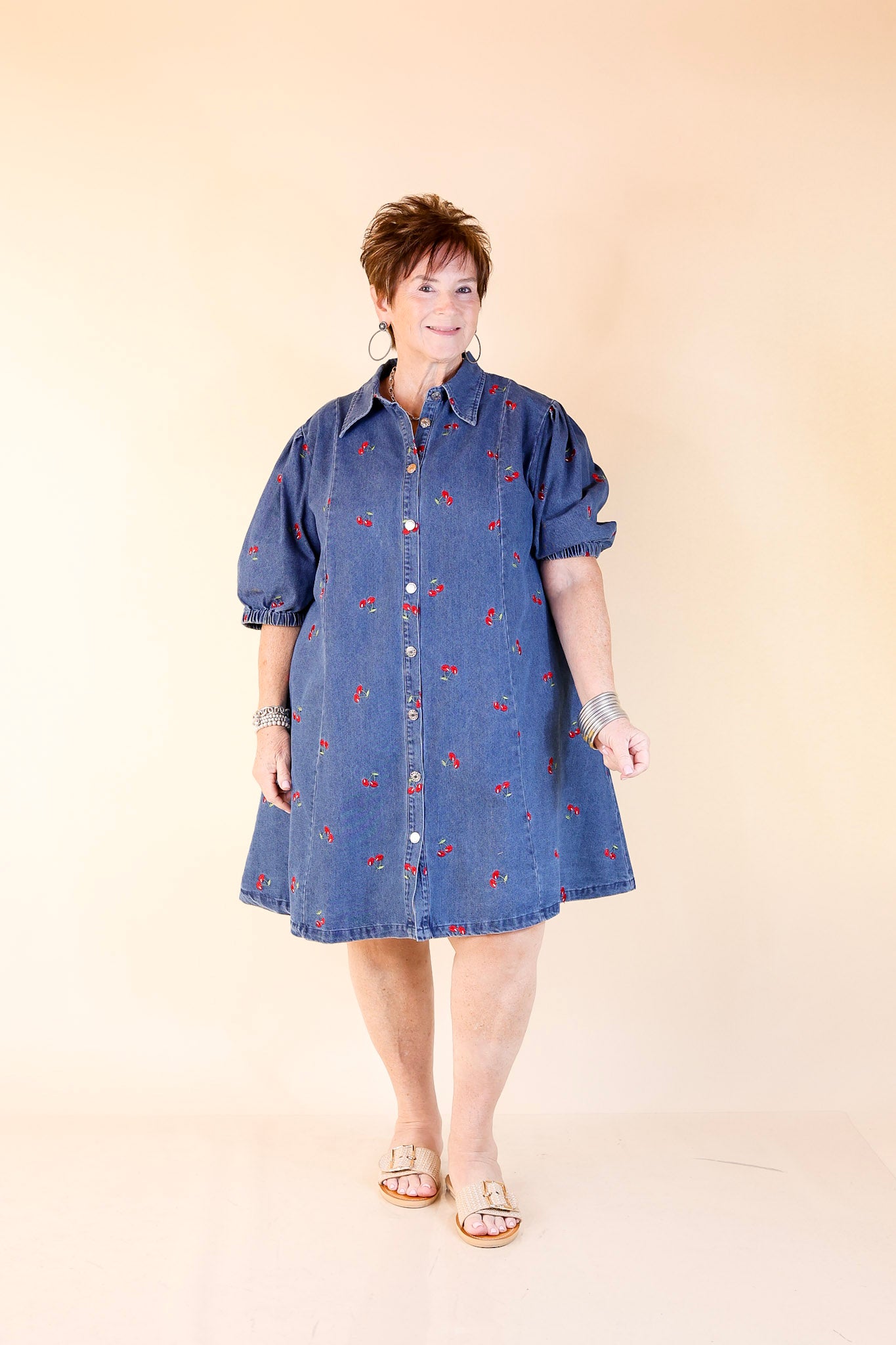 Berry Cherry Blues Denim Button Down Dress with Embroidered Cherries - Casual Summer Outfit for Women