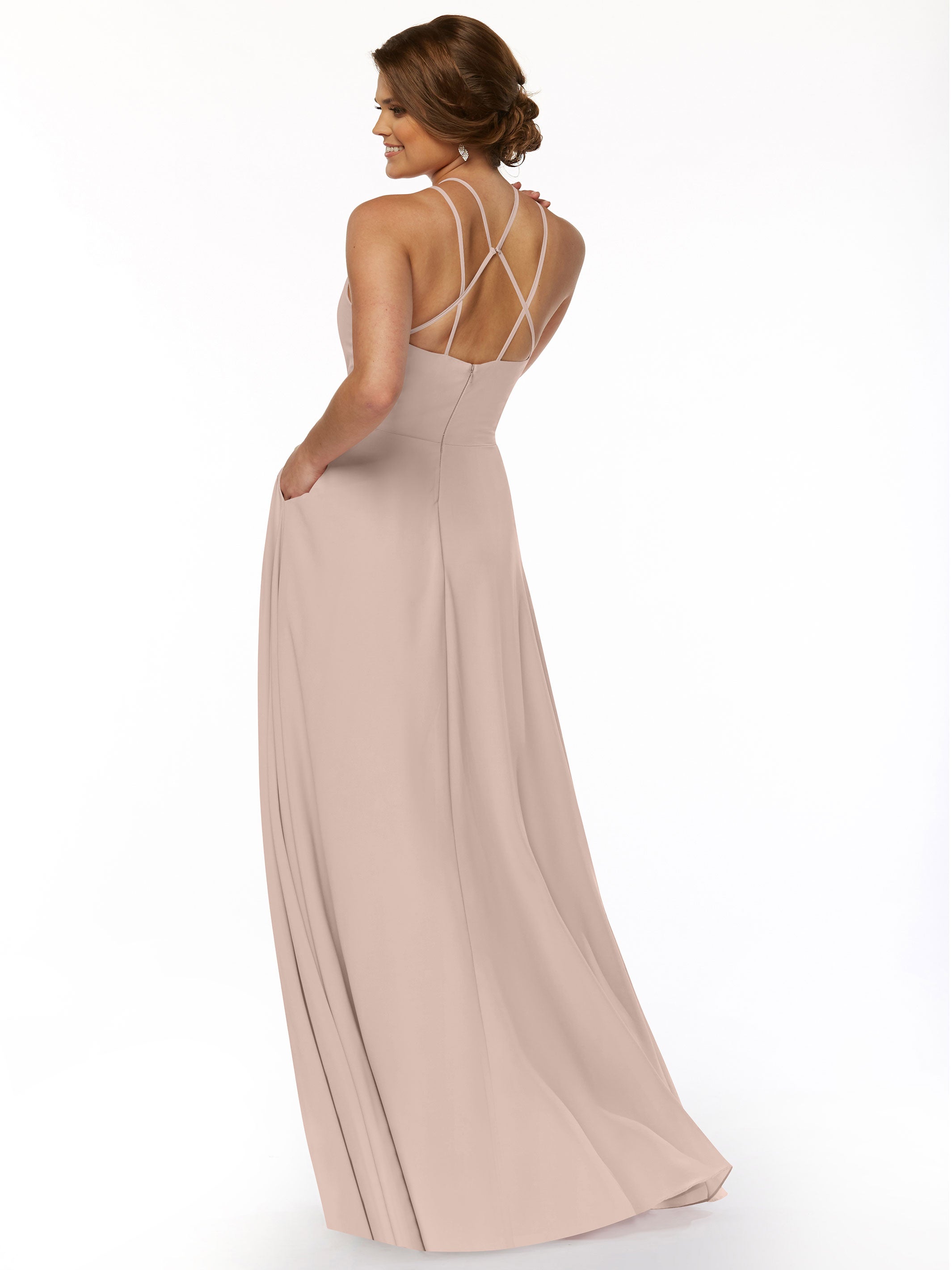 Elegant 83006 Stretch Chiffon A-Line Bridesmaid Dress with Halter Neckline - Perfect for Weddings, Formal Events & Special Occasions