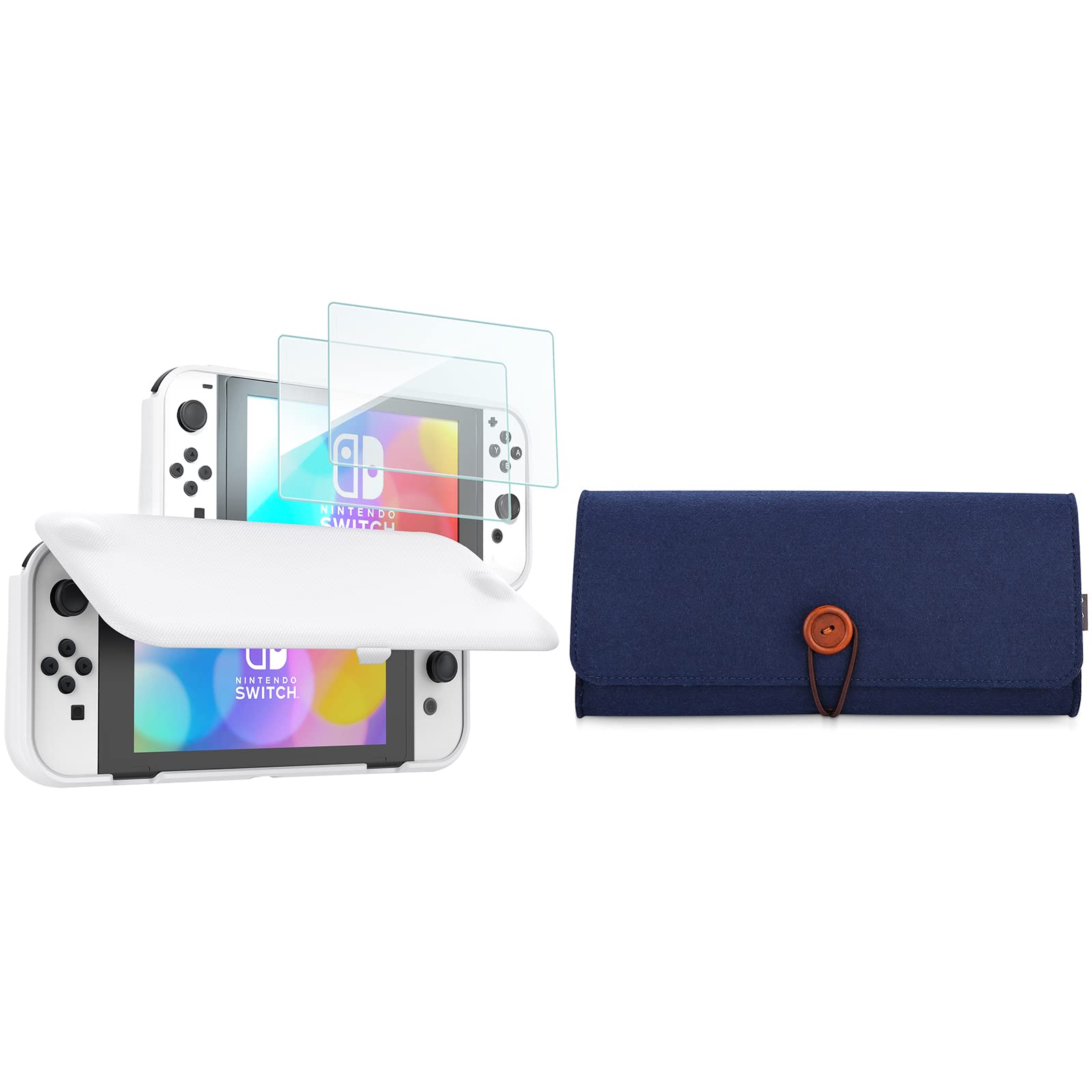 ProCase Nintendo Switch OLED Flip Cover Case with 2 Pack Tempered Glass Screen Protectors - Protective Bundle for Nintendo Switch OLED & Regular Switch Models - Perfect for Travel, Gaming On-The-Go & Console Protection