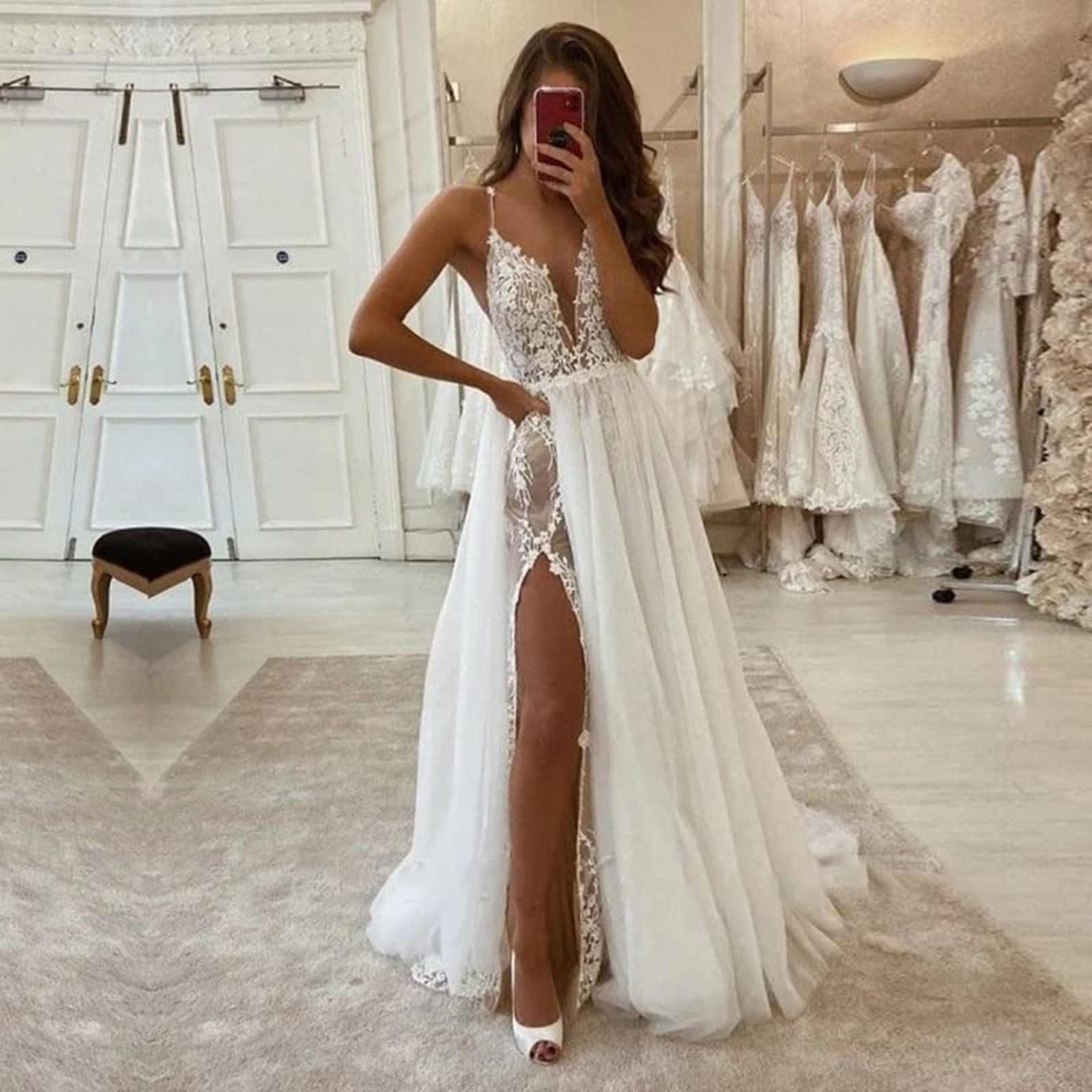 POMUYOO 2024 Women's Beach Wedding Dress - Elegant Lace Appliques Bridal Gown Style H | Perfect for Destination Weddings, Beach Elopements & Summer Bridal Events