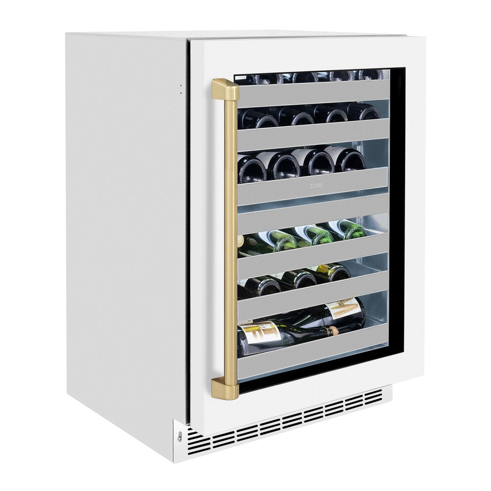ZLINE Autograph Edition 24 Inch Dual Zone Wine Cooler - 44 Bottle Capacity, White Matte Glass Door & Champagne Bronze Handle - Perfect for Home Bars, Restaurants, and Wine Cellars (RWDOZ WM 24 CB)